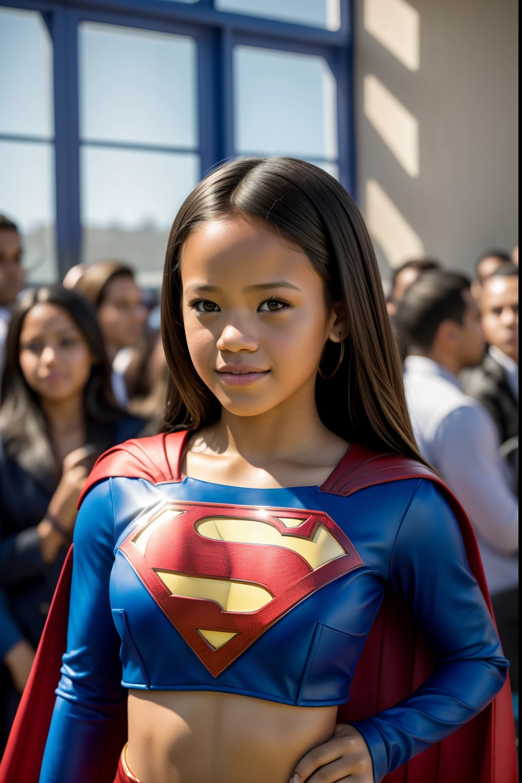 Shoot a portrait of Jenna Ortega standing in a super girl costume. a crowd in the background, she is happy and posing like superwoman. No head ornament. High contrast lighting with window sunlight coming in. Export in RAW with awesome lighting LUT