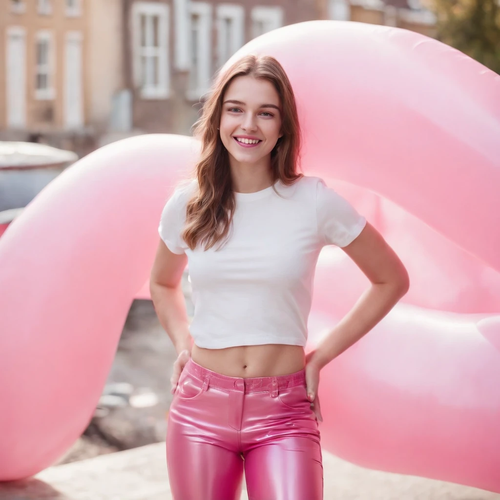 Inflatable Seven smiling Belgian teen girl wearing pink PVC pants