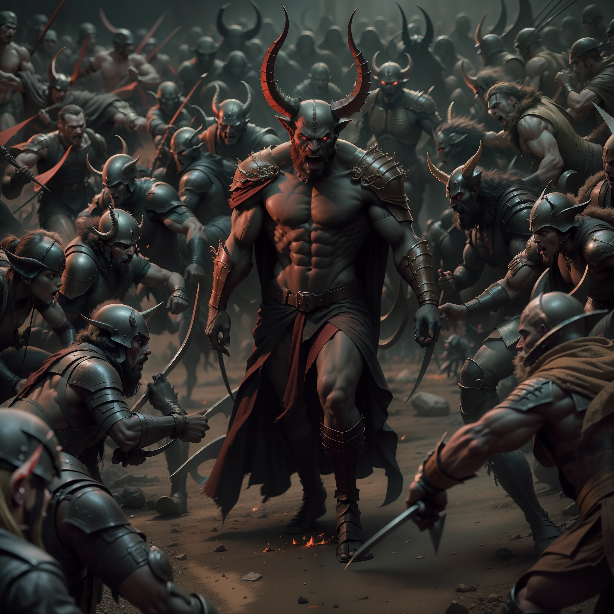 Thé Devil leading troops army of demons to battle War hyper realistic super detailed Dynamic poses master piece scene cinématique of movie