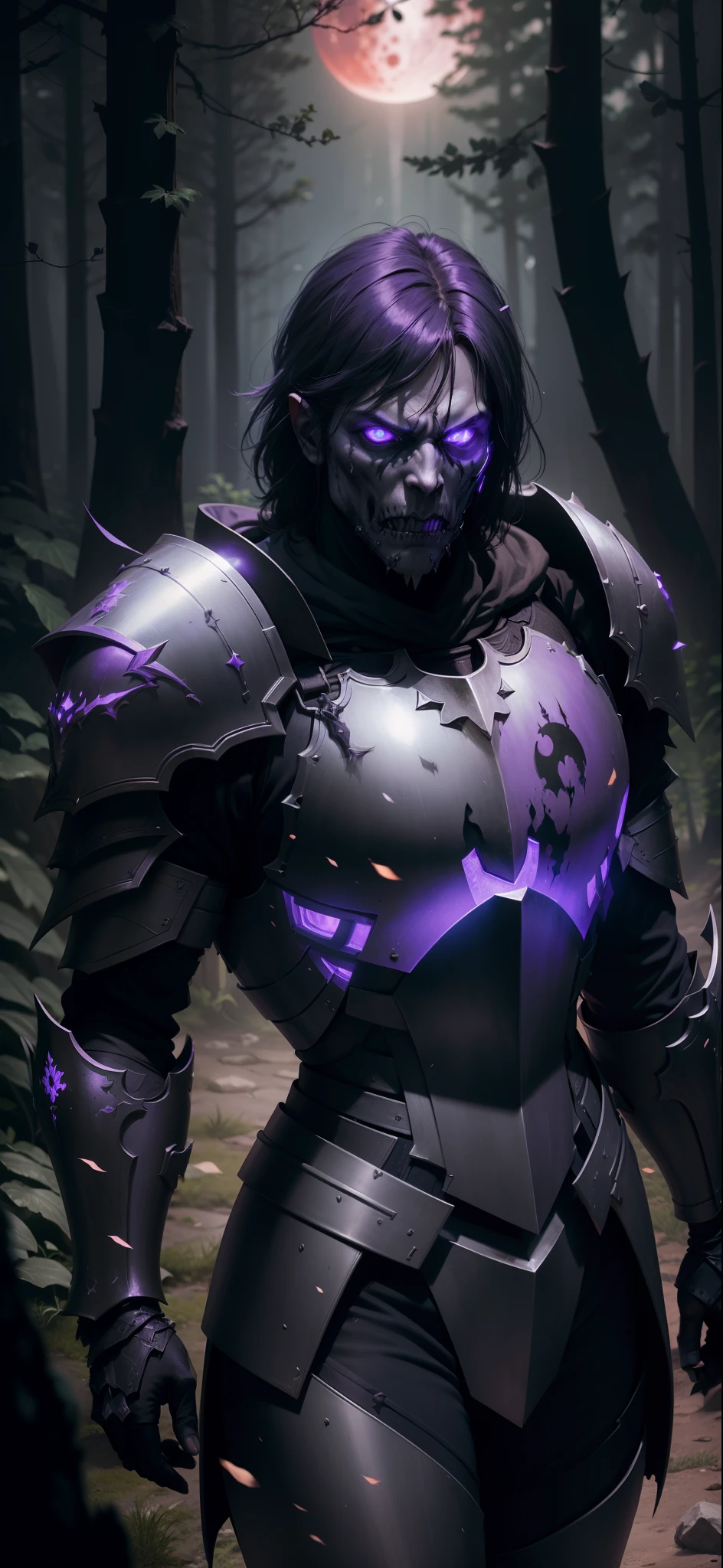 Zombie Death KnightPaladin with Black and purple armor, forest background with red moon, dungeons and dragons, rpg, hi res, 4k, 8k, 16k, ultrahd,realistic, photon mapping, radiosity, cinematic lighting, sharp focus, moonlight, moon, ultrahigh res, best quality, realisitc,
