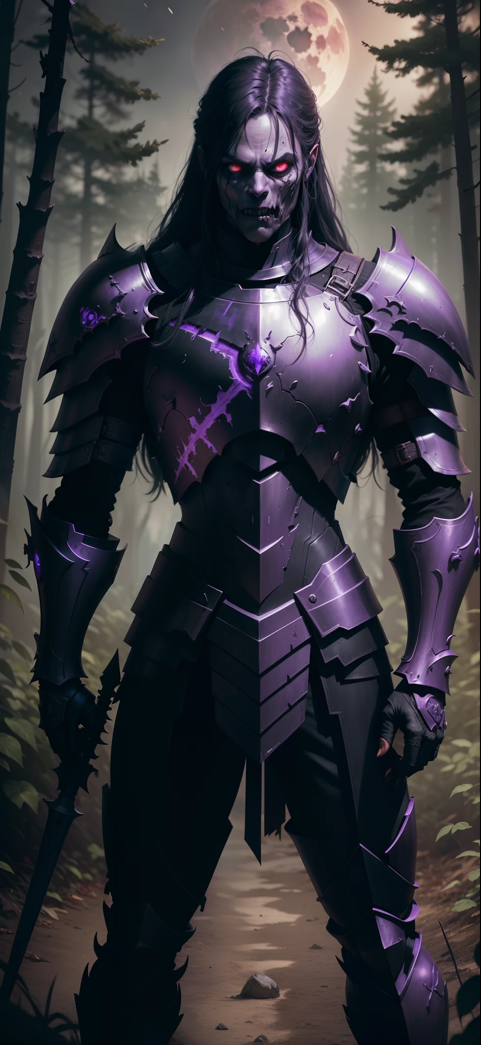 Zombie Death KnightPaladin with Black and purple armor, forest background with red moon, dungeons and dragons, rpg, hi res, 4k, 8k, 16k, ultrahd,realistic, photon mapping, radiosity, cinematic lighting, sharp focus, moonlight, moon, ultrahigh res, best quality, realisitc,