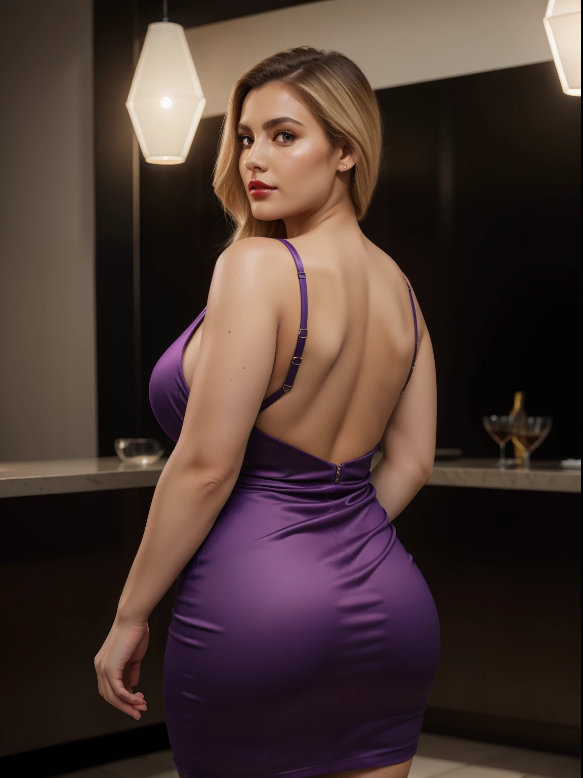 mulher plus size, Milf plus size Loire sueco, corpo plus size, seios pequenos, bunda pequena, usando vestido curto elegante roxo, corpo inteiro, interior de um restaurante, fundo desfocado, blonde hair, Cabelos Longos, olhos azuis, bimbo lips, red lips, ((roxo um vestido)), Left shoulder strap revealing your breat, Visible neckline, renderizado, fotografia, master part, Back view highlighting ass, Realistic, Realismo, renderizado, Alto contraste, Digital art Modern rendering in HD 8k HD realistic detailed art station, circunstanciado, textura da pele, hiper detalhado, textura de pele realista, armadura, melhor qualidade, ultra high-resolution, (renderizado: 1.4), extremely high-resolution, circunstanciado, Foto RAW, sharp re, by Lee Jeffries Nikon D850 Film Stock Photography 4 Kodak Portra 400 Camera F1 Lens.6 Rich Colors Dramatic Texture Hyper Realistic Realistic Unreal Lighting Engine Trend at Cinestill 800 Art Station, beautiful areolas.