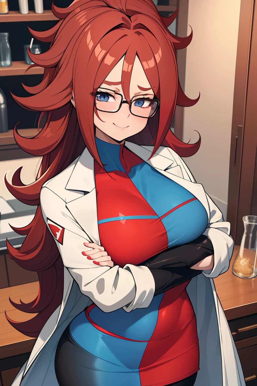 masterpiece, best quality, defa21, glasses, checkered dress, labcoat, black pantyhose, upper body, large breasts, smile, blush, happy, furrowed brow, looking at viewer, closed mouth, countertop, science, beakers, microscope, crossed arms, red hair, scarlet Hair, detailed eyes, big bright blue eyes,