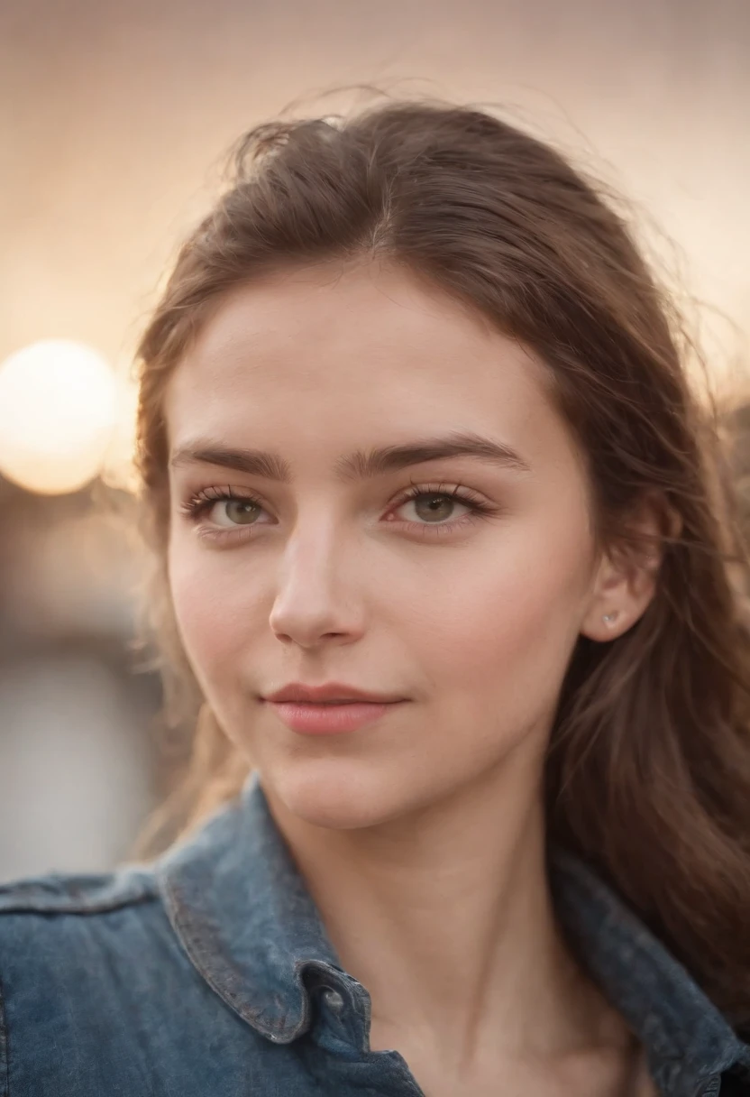 Create a realistic portrait of a girl, radiating contagious enthusiasm and a genuine zest for life,quente, natural lighting that highlights the characteristics of the subject and brings out the warmth in its expression,Foto em close-up, Position the camera at eye level to show your connection with the viewer, while his bright and enthusiastic expression takes center stage ::n_Gere uma imagem que retrate um homem que parece cansado e desinteressado, conveying lack of enthusiasm and passion
