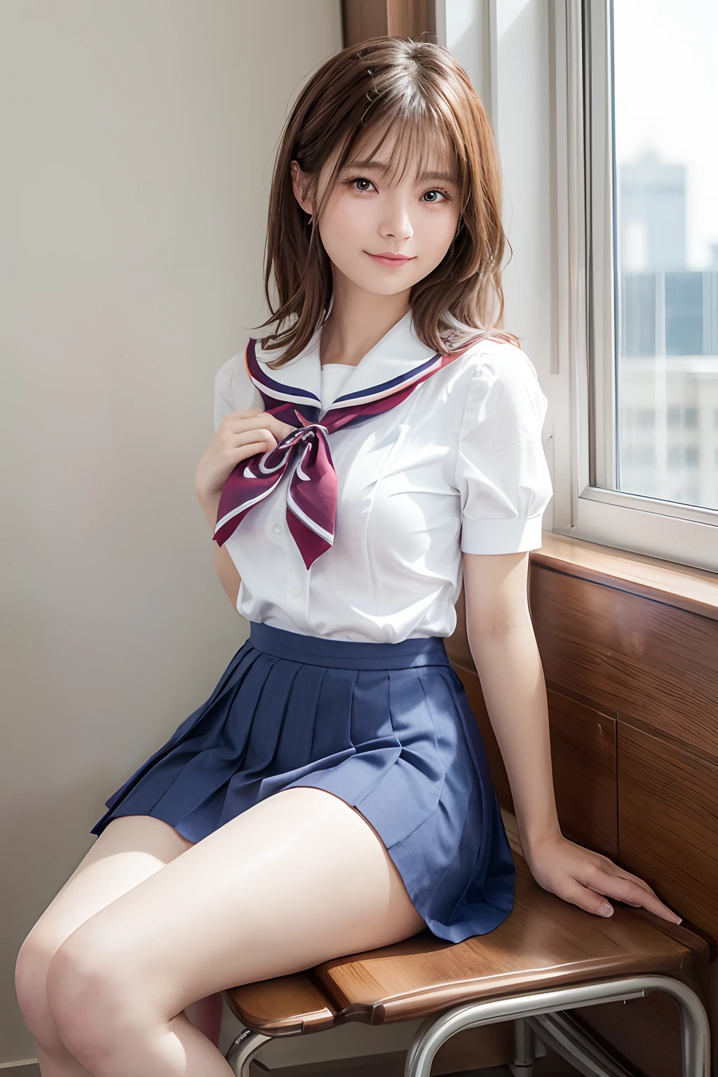 top-quality,ultra-detailliert,​masterpiece,realisitic,Photo Real,Bright lighting,1 girl in, Very beautiful 20 year old girl, (kawaii:1.2),Thin smile, (Brown eyes),(brown haired),(bangss),perfect glossy skin,flawless skin,((erotick,Sexy and sexually explicit)),((accurate hands without incongruity)), huge-breasted,big breasts thin waist, Look at viewers,((a sailor suit)),((Short sleeve uniform white shirt)),(red necktie),(Blue Mini Pleated Skirt),(((skirt lift by yourself))),(lifted by self),(Showing panties),panties on,panties focus,((Sit up,spread legswide)), sockes, (Black knee socks),(Loafer shoes), during daytime,On the train,Horizontal long seat with your back to the window