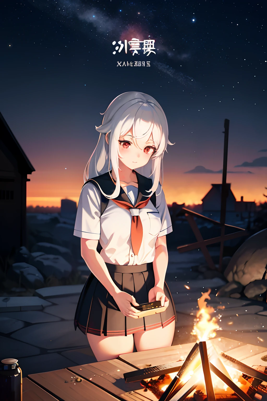 anime girl next to a campfire, a hyperrealistic schoolgirl, hyperrealistic schoolgirl, realistic schoolgirl, anime girl has white hair and red eyes, beautiful anime girl, [ 4 k digital art ]!!, kantai collection style, female protagonist 👀 :8, school girl, guweiz, kawacy, smooth anime cg art, night sky