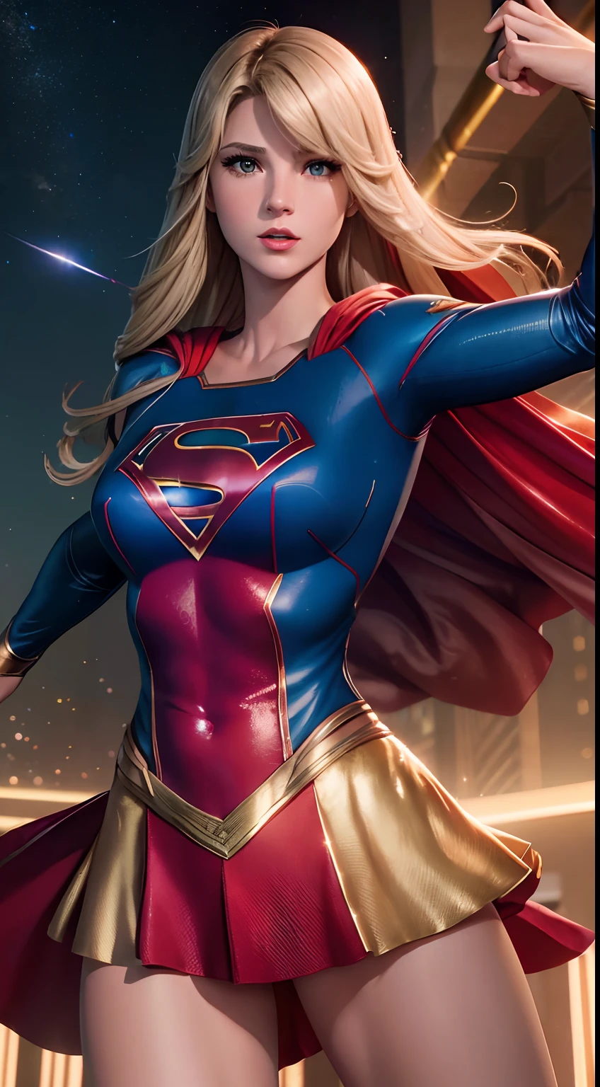 high cinematic quality, fotografia profissional, cena de fantasia, Supergirl stopping a missile, supergirl usa terno preto e dourado, terno sexy,com uma camada flutuante e um "s" No peito. Totally sexy in sensual dynamic pose, traje de supergirl sexy .
