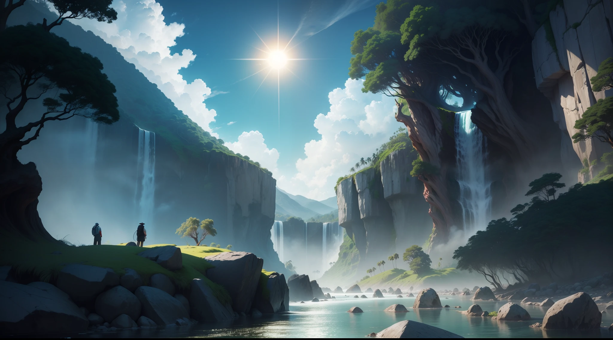 Beautiful landscape with gigantic trees, Roots to Exhibitions, Vines, colourful plants, palm trees, coconut trees, giant rocks, lush waterfalls, river with huge rocks, fishing hut, sky with dense clouds, sun, moon, depth of field, global illumination, hyper realistic,