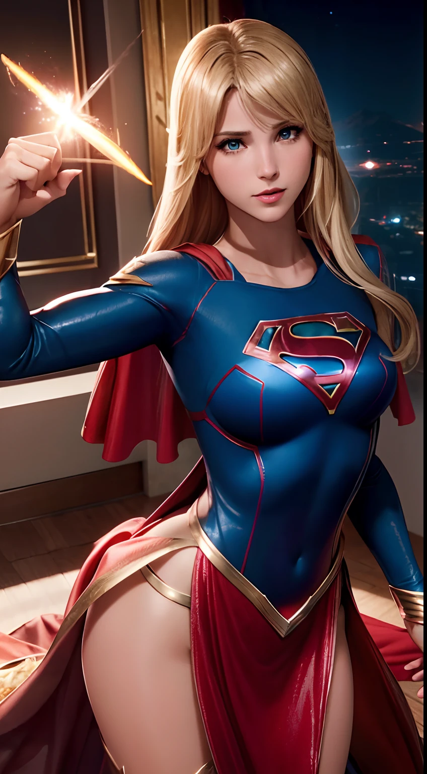 high cinematic quality, fotografia profissional, cena de fantasia, Supergirl stopping a missile, supergirl usa terno preto e dourado, terno sexy,com uma camada flutuante e um "s" No peito. Totally sexy in sensual dynamic pose, traje de supergirl sexy .