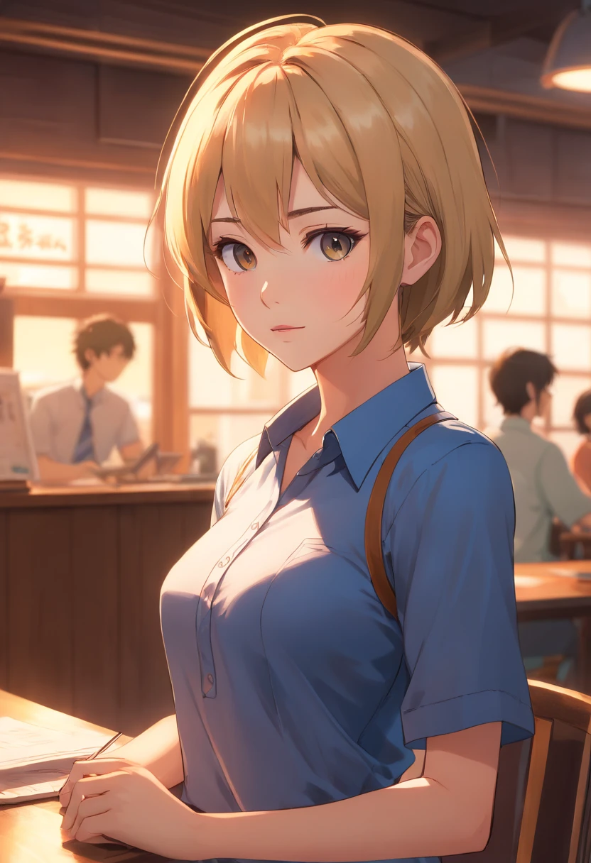 professional, (4k photo:1.1) by (Jeremy Lipking:0.3), (Dittmann Anna:0.3), (Arian Mark:0.3), (Sharp focus:1.3), high detail, wearing (tight shirt:1.2), beautiful detailed face, hazel eyes, short blonde hair, (attractive young woman:1.3), (seductive:1.1), (blushing:1.1), hourglass body shape, natural breasts, wide hips
