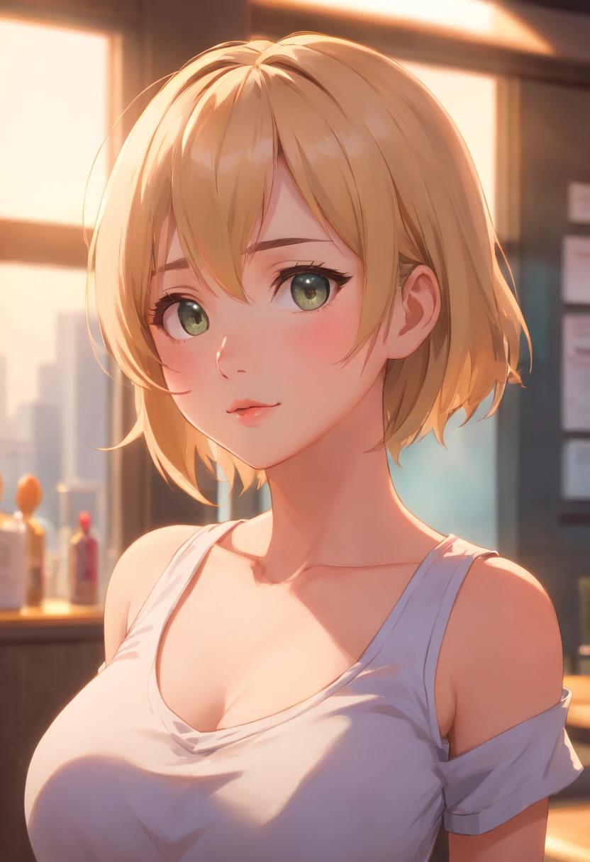 professional, (4k photo:1.1) by (Jeremy Lipking:0.3), (Dittmann Anna:0.3), (Arian Mark:0.3), (Sharp focus:1.3), high detail, wearing (tight shirt:1.2), beautiful detailed face, hazel eyes, short blonde hair, (attractive young woman:1.3), (seductive:1.1), (blushing:1.1), hourglass body shape, natural breasts, wide hips