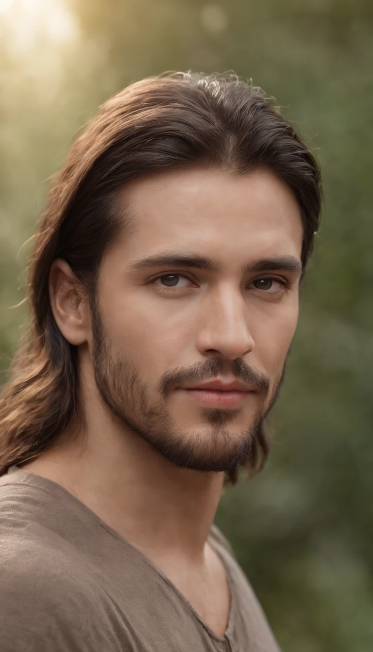 1Homem, avatar realista, parecido com Jesus, lindo, cabelos longos1.1)cabelos longos, medium beard, cabelo liso, cabelos longos, face realista, olhos castanhos, sozinho, (鎖骨:1.3), cabelos castanhos claros, (pele brilhante:0.8),(master part:1.4),(melhor qualidade:1.4), natural, realistic lips, roupa de Jesus, (sheer areola), (tecidos puros),ao ar livre, Dia, luzes do Sol , daytime period.