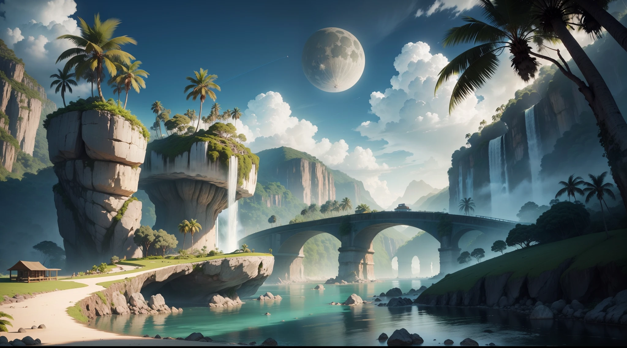 Beautiful landscape with gigantic trees, Roots to Exhibitions, Vines, colourful plants, palm trees, coconut trees, giant rocks, lush waterfalls, river with huge rocks, fishing hut, sky with dense clouds, sun, moon, depth of field, global illumination, hyper realistic,