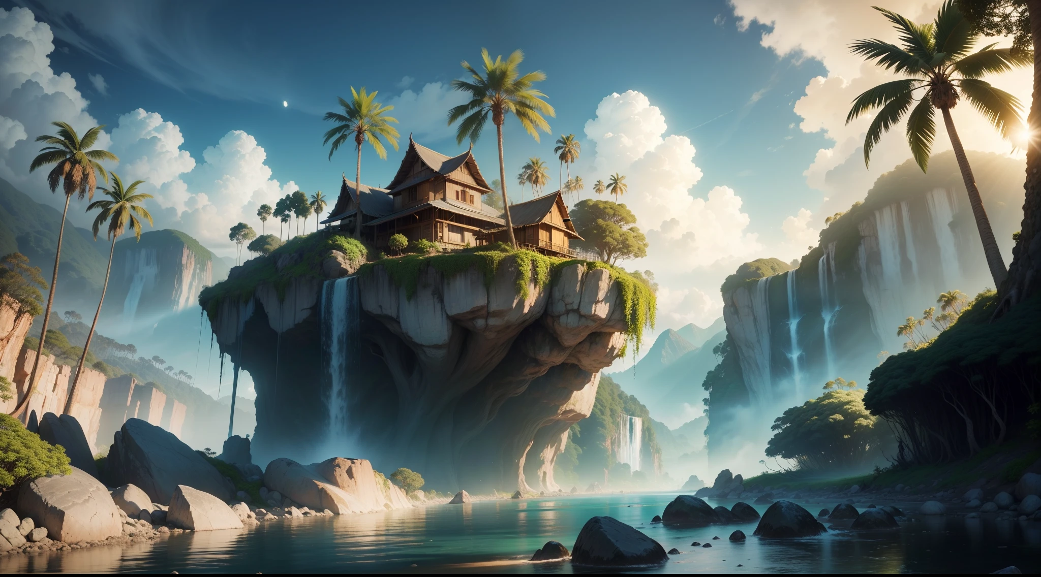Beautiful landscape with gigantic trees, Roots to Exhibitions, Vines, colourful plants, palm trees, coconut trees, giant rocks, lush waterfalls, river with huge rocks, fishing hut, sky with dense clouds, sun, moon, depth of field, global illumination, hyper realistic,