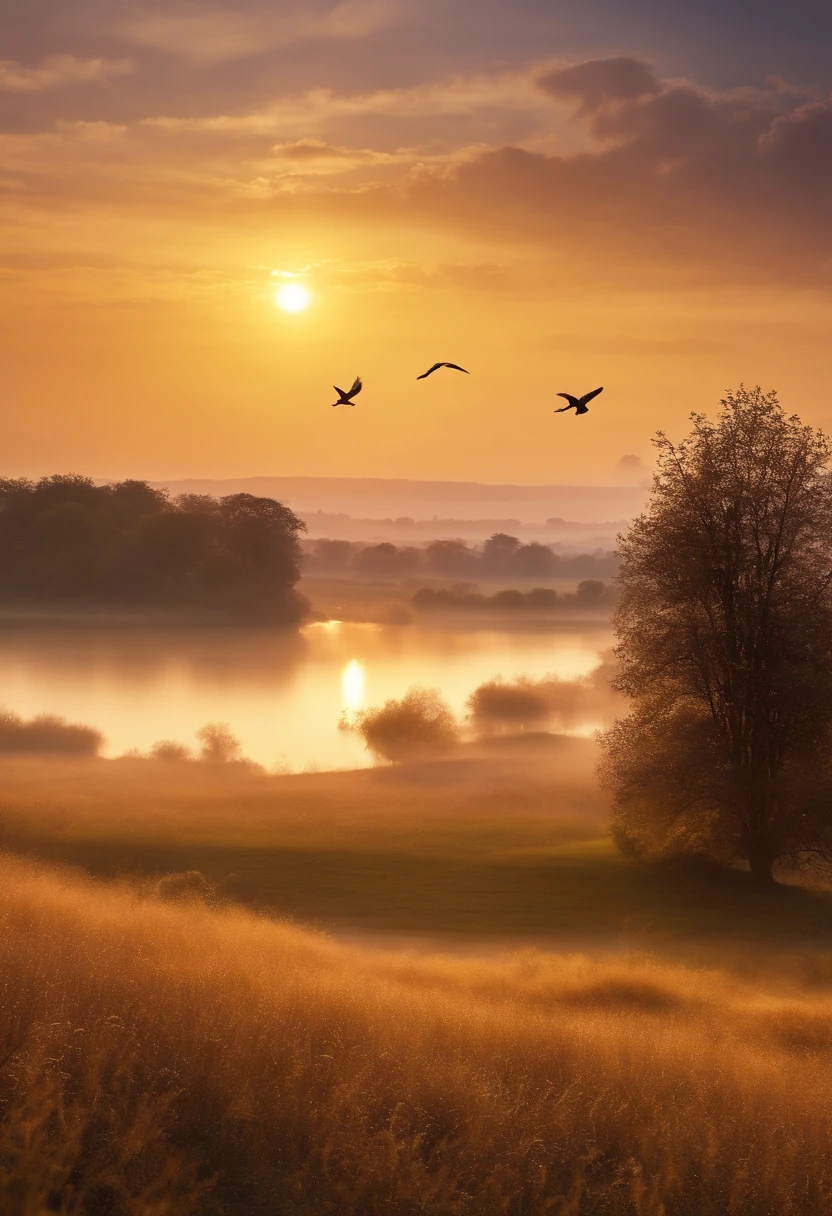 Peaceful scenery at dawn, Soft gold tones depict the horizon where birds sing, Image in 2560 x 1440 pixel format