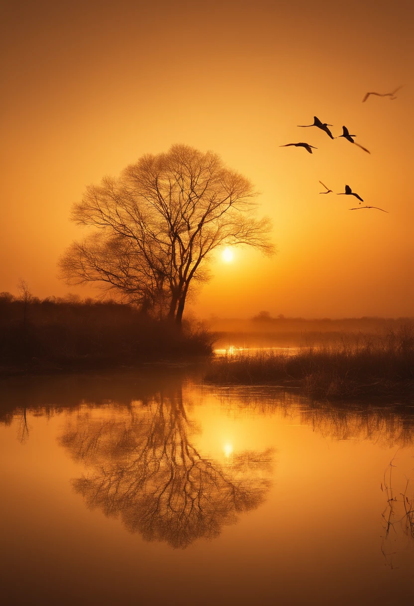 Peaceful scenery at dawn, Soft gold tones depict the horizon where birds sing, Image in 2560 x 1440 pixel format