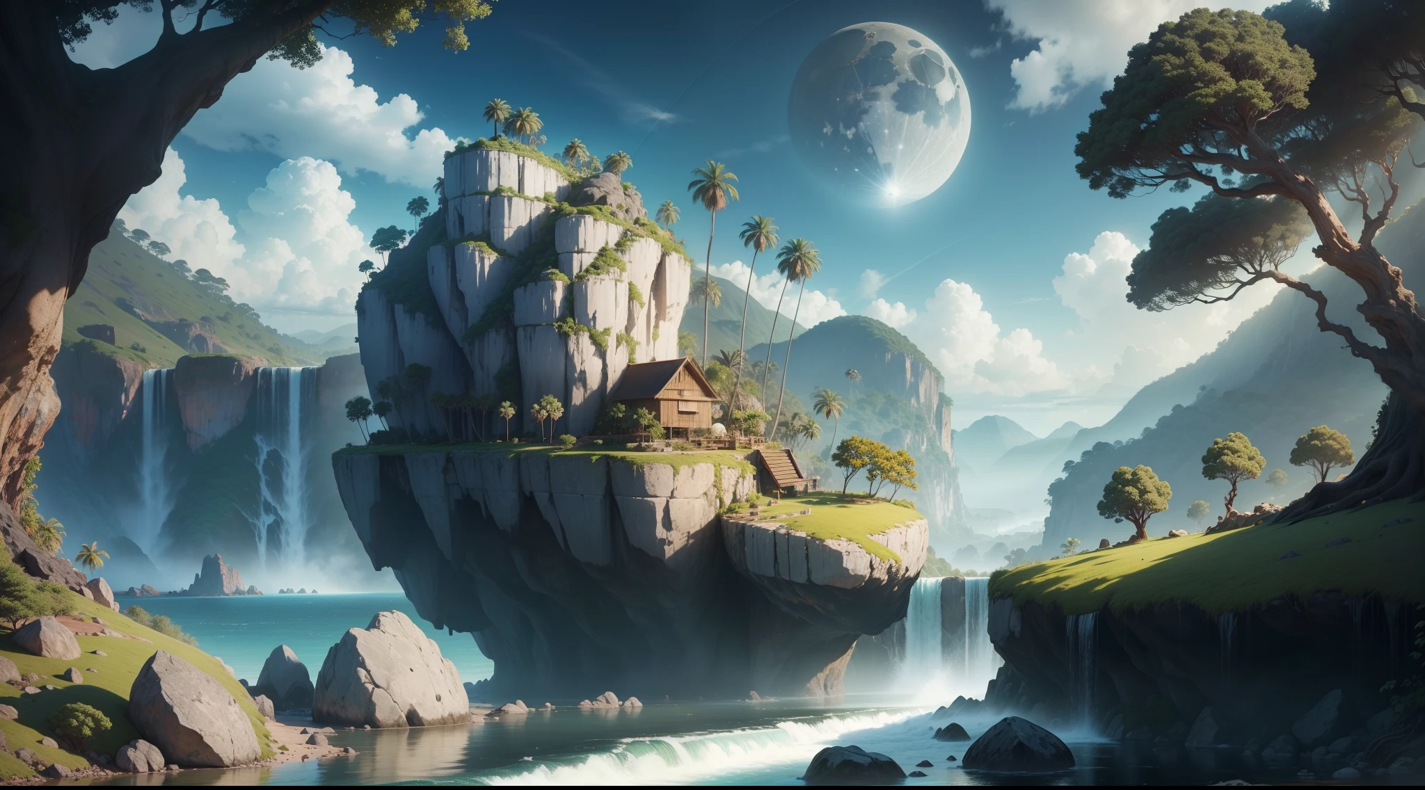 Beautiful landscape with gigantic trees, Roots to Exhibitions, Vines, colourful plants, palm trees, coconut trees, giant rocks, lush waterfalls, river with huge rocks, fishing hut, sky with dense clouds, sun, moon, depth of field, global illumination, hyper realistic,