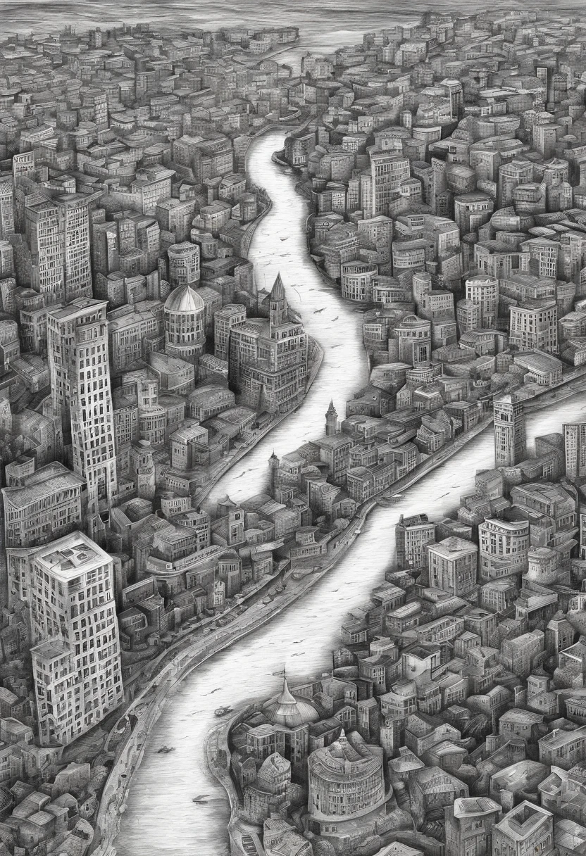 White and black photo of the city of blue water, Contemporary collage style, Animated GIFs, album covers, Fluid, high detal, Yankeeko, Relief