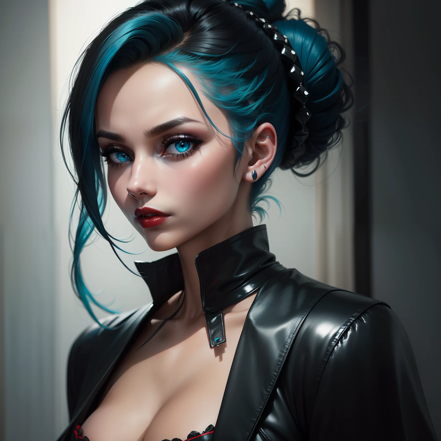 woman, black, shiny cyan blue hair, hair tied in a bun, dark red lips, fancy dress,