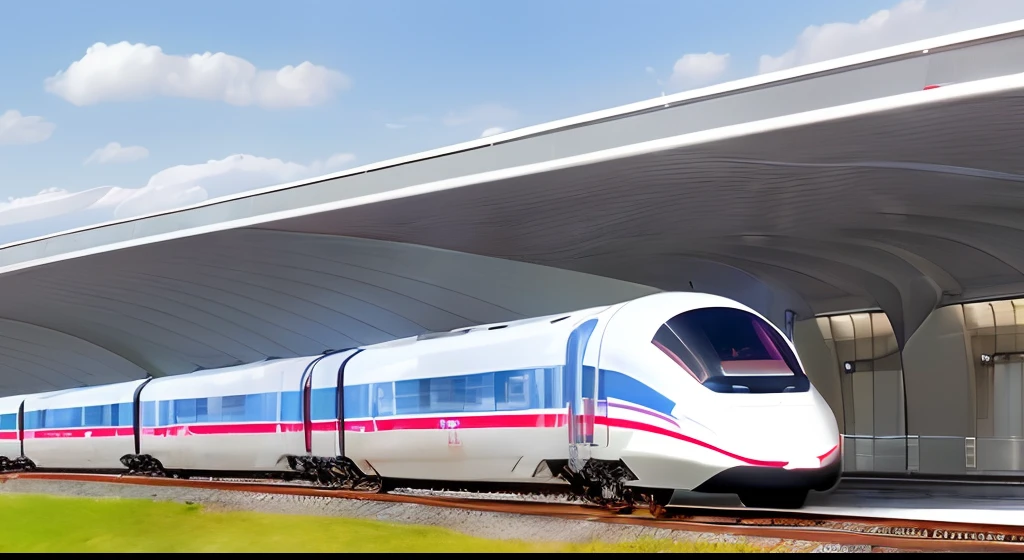 Um projeto conceito de um trem futurista de alta velocidade, Branco, aerodynamic, in a supermodern station, tgv