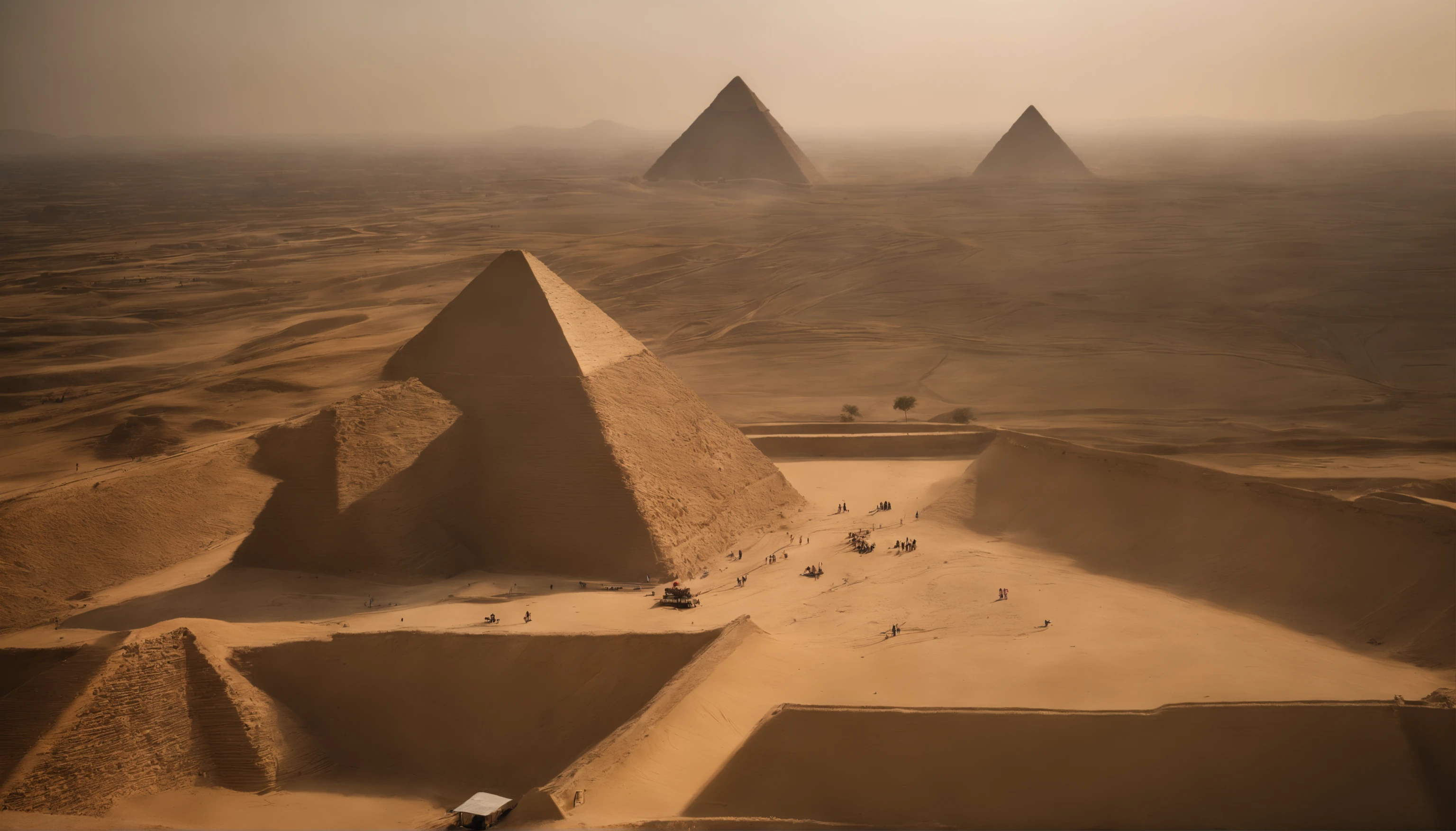 Slaves working on the construction of the Great Pyramids of Giza, sob o sol escaldante do deserto, carregando pedras enormes com enormes algemas nos tornozelos, The atmosphere is oppressive and distressing, escultura, carved white marble