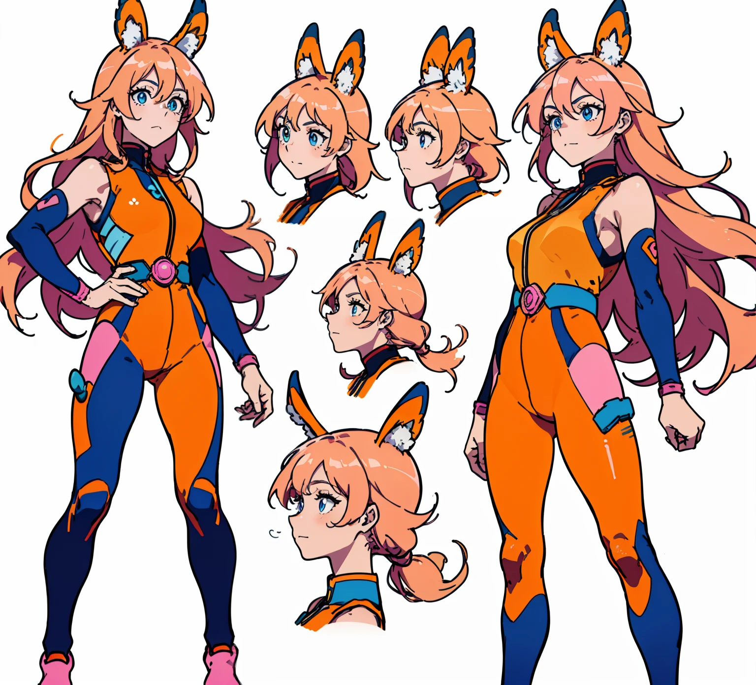 ((Best Quality)), ((Masterpiece)), ((Realistic)) (masterpiece:1.2, best quality), tsuka kendou, 1woman, cute face, determined look, smile, long legs, full body, adult mature female (spiky orange-pink hair, (orange-pink mullet 1.1)), (very long hair), blue eyes, (white/yellow pupil,) hero, sleeveless blue spandex bodysuit, long orange-pink rabbit ears, desert oasis, tbcc illustration (((detailed character sheet, frontal view, side view, three quarter view))) (((white background))) 6 and a half heads full body