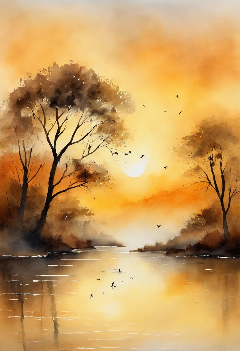 Peaceful scenery at dawn, Soft gold tones depict the horizon where birds sing, Image in 2560 x 1440 pixel format