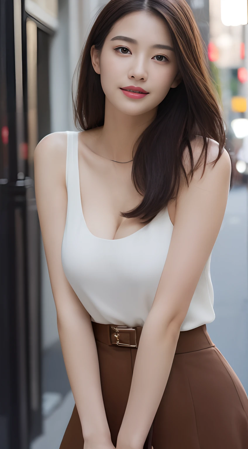 ((top-quality、8K、masterpiece:1.3))、foco nítido:1.2、Beautiful Women in Perfect Style:1.4、Full Bord Bill Four、Slender Abs:1.2、((dark brown hair、Colossal tits:1.2))、(Dark light、In the street:1.1)、Colossal tits、My chest is about to tear、Plump body、Highly detailed facial and skin texture、A detailed eye、二重まぶた、Tear bag、stunningly beautiful face、Unclear、Transparent skin、23 years old、Beautiful Big Bust、Beautiful even from the outside、Whole body, Long leg,A look of shame、Bust is larger than H cup、Exposing cleavage、Violent,Pale lighting, tight short skirt、Tight clothes、Clothing that is thin enough to reveal skin、closed thin lips、Date arrangements、Casual clothing、Sweaty body、Feelings of first love、A smile、Perfect coordination、big butts、Exposed skin、The desire to have sex is in the expression、