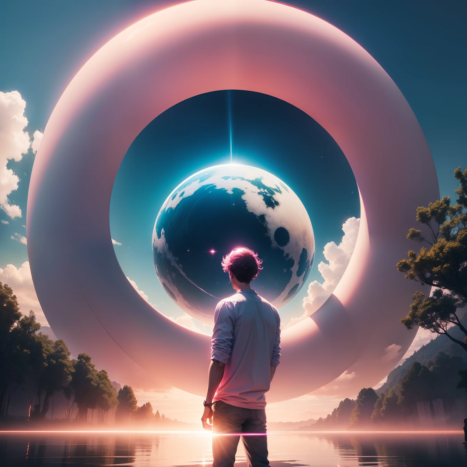 Man standing in front of a portal in the sky, semelhante a um olho gigante, em um lago raso ao sol da tarde, with plenty of lighting, pink gradient in sky