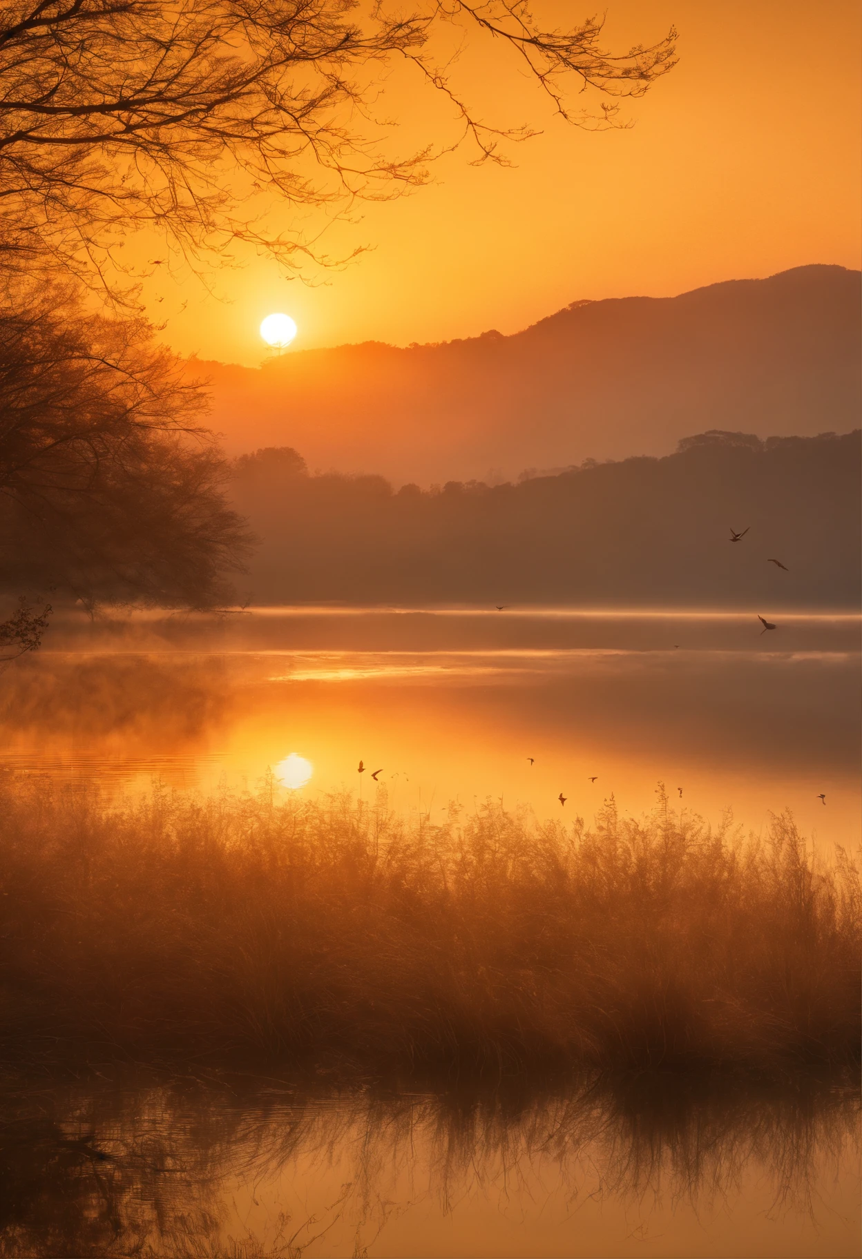 Peaceful scenery at dawn, Soft gold tones depict the horizon where birds sing, Image in 2560 x 1440 pixel format