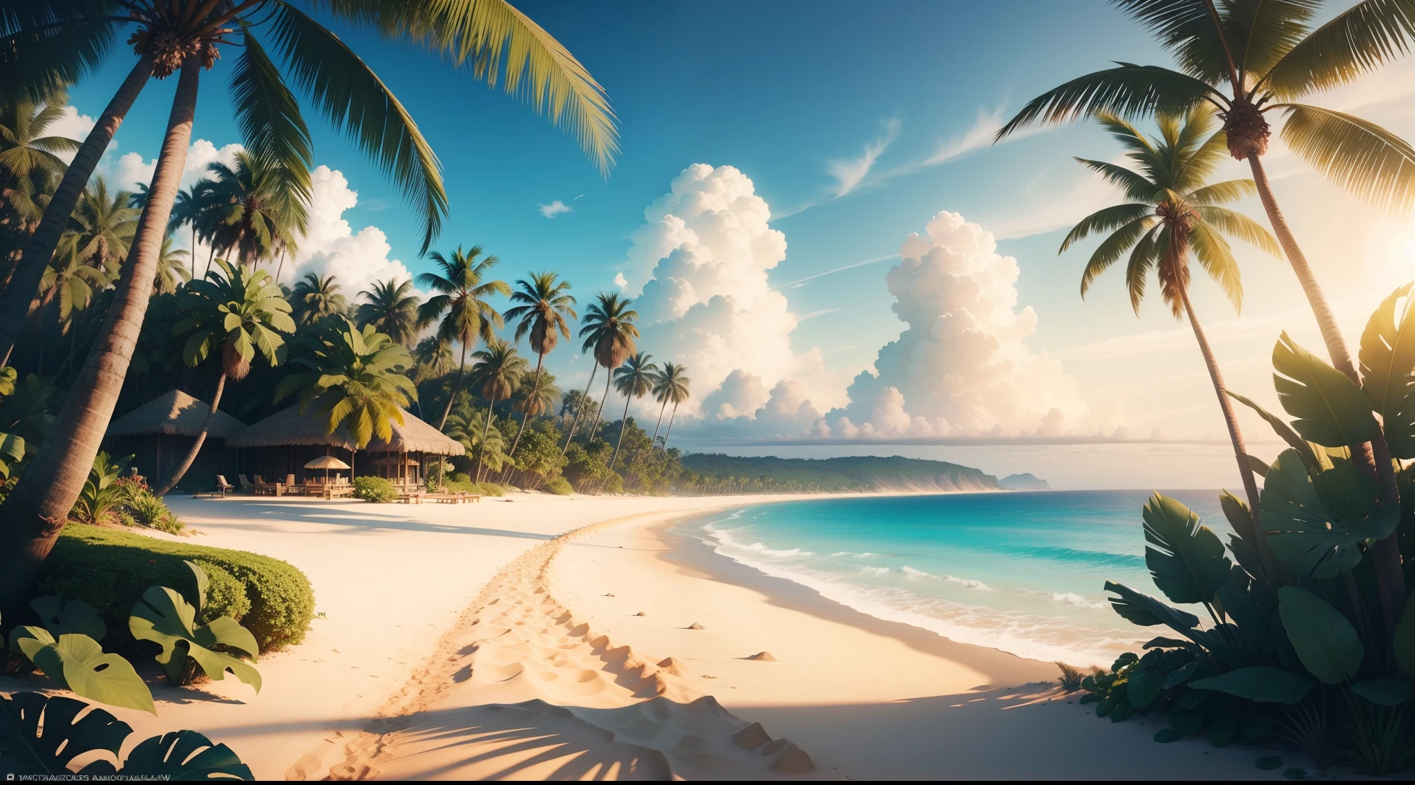 tropical island, beach, palm trees, ocean, sand, sky, clouds, sun, sun light, (masterpiece), best quality, 8k, 4k, hd, hires, best quality, masterpiece, ultra-high detailed, hyper-detailed, intricate details, photo-realistic, beautiful details, studio lighting, hyper resolution, insanely detailed,
