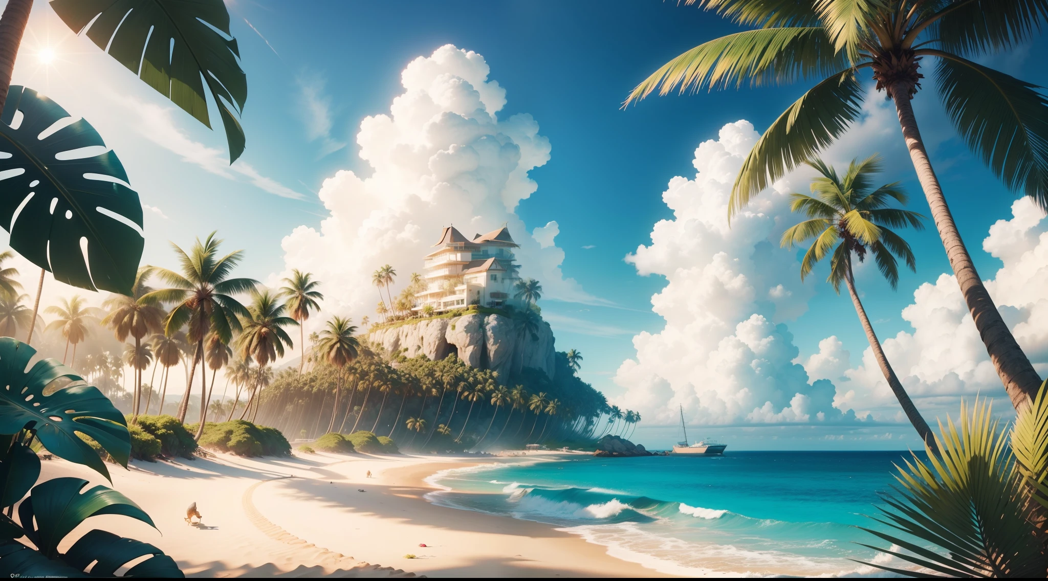 tropical island, beach, palm trees, ocean, sand, sky, clouds, sun, sun light, (masterpiece), best quality, 8k, 4k, hd, hires, best quality, masterpiece, ultra-high detailed, hyper-detailed, intricate details, photo-realistic, beautiful details, studio lighting, hyper resolution, insanely detailed,
