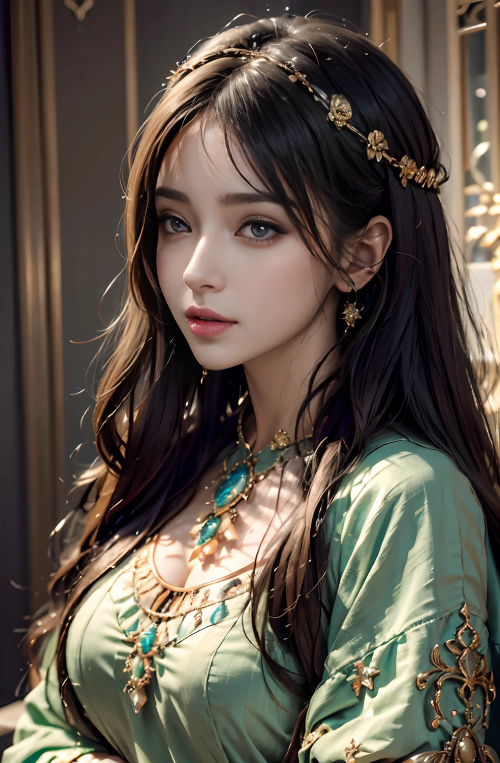 Islamic caftan dress outfit princess very Beautiful detailed face sexy eyes hyper realistic super detailed Dynamic masterstroke