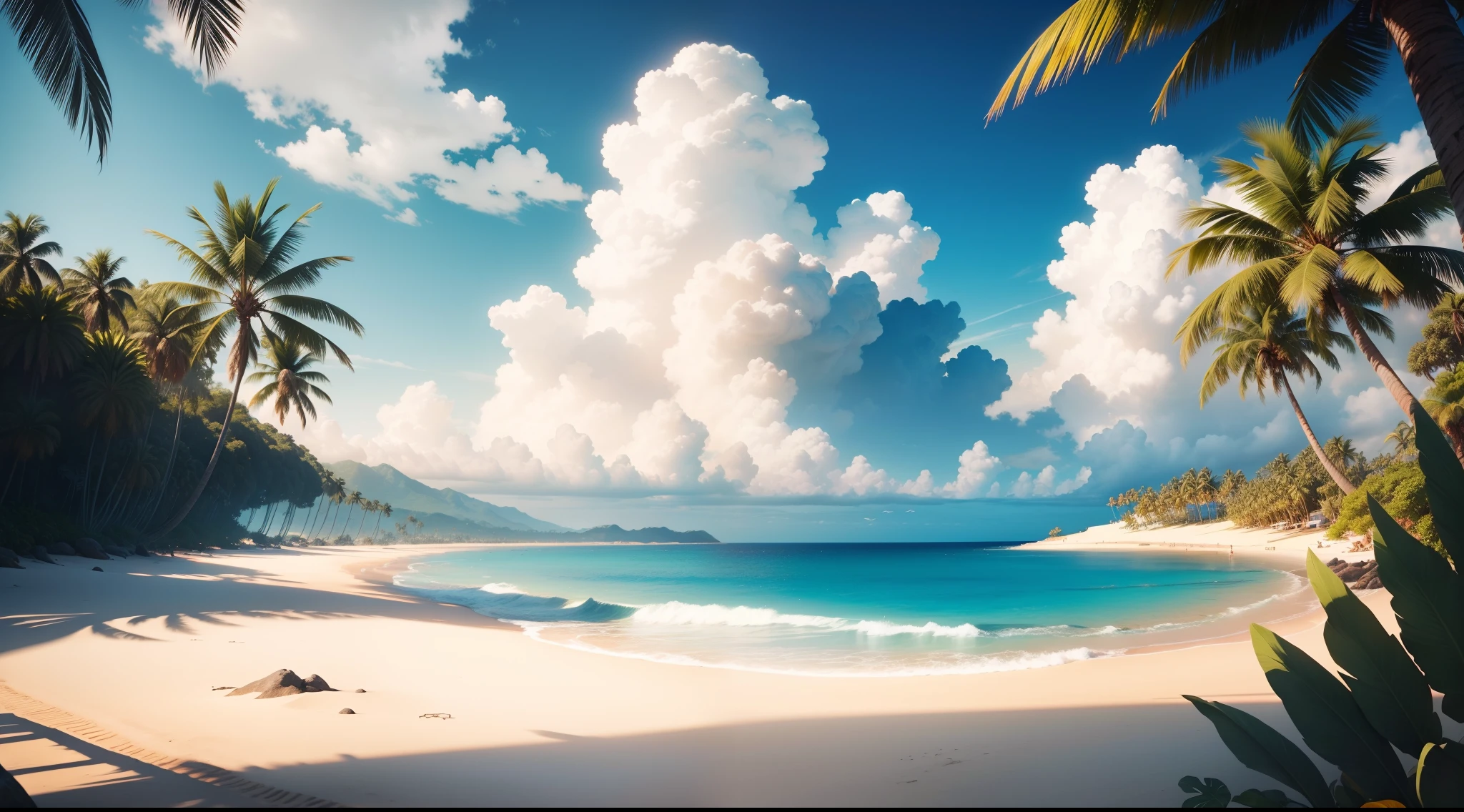 tropical island, beach, palm trees, ocean, beach ball, sand, sky, clouds, sun, sun light, (masterpiece), best quality, expressive eyes, perfect face, 8k, 4k, hd, hires, best quality, masterpiece, ultra-high detailed, hyper-detailed, intricate details, photo-realistic, shiny skin, wet skin, beautiful details, studio lighting, detailed clothing, highly textured clothing, satin lighting, hyper resolution, insanely detailed,