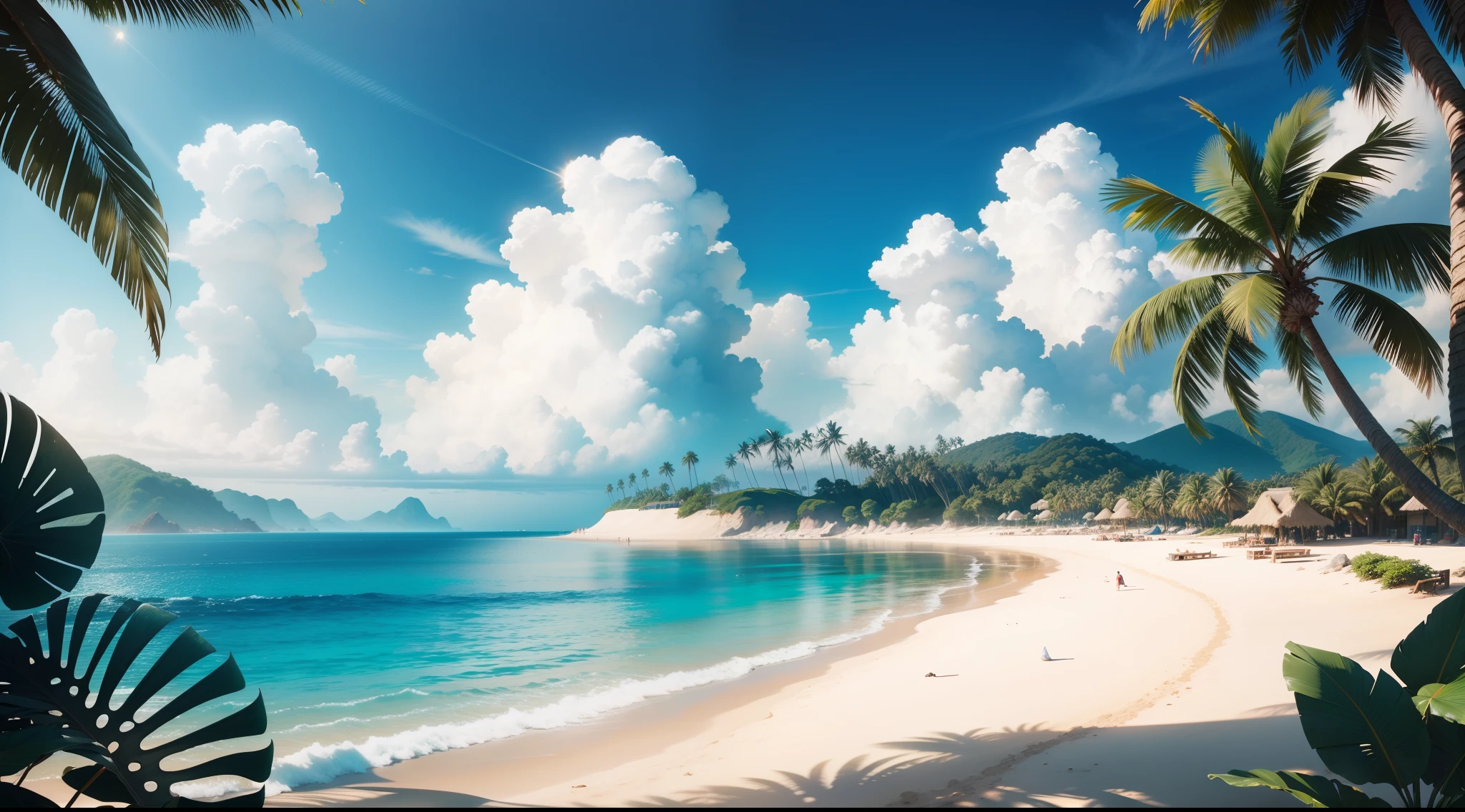 tropical island, beach, palm trees, ocean, sand, sky, clouds, sun, sun light, (masterpiece), best quality, 8k, 4k, hd, hires, best quality, masterpiece, ultra-high detailed, hyper-detailed, intricate details, photo-realistic, beautiful details, studio lighting, hyper resolution, insanely detailed,