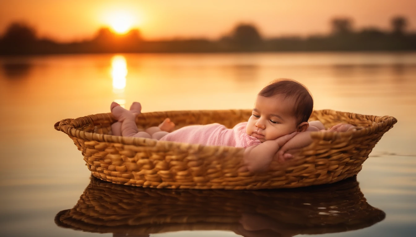 An Egyptian  resting peacefully in a straw basket that floats gracefully in the waters of the Nile River, As the sun sets on the horizon, Painting the sky with warm shades of orange and pink, the babypped in golden fabrics in soft light, uma cena de serenidade e beleza, Pintura, aquarela em papel