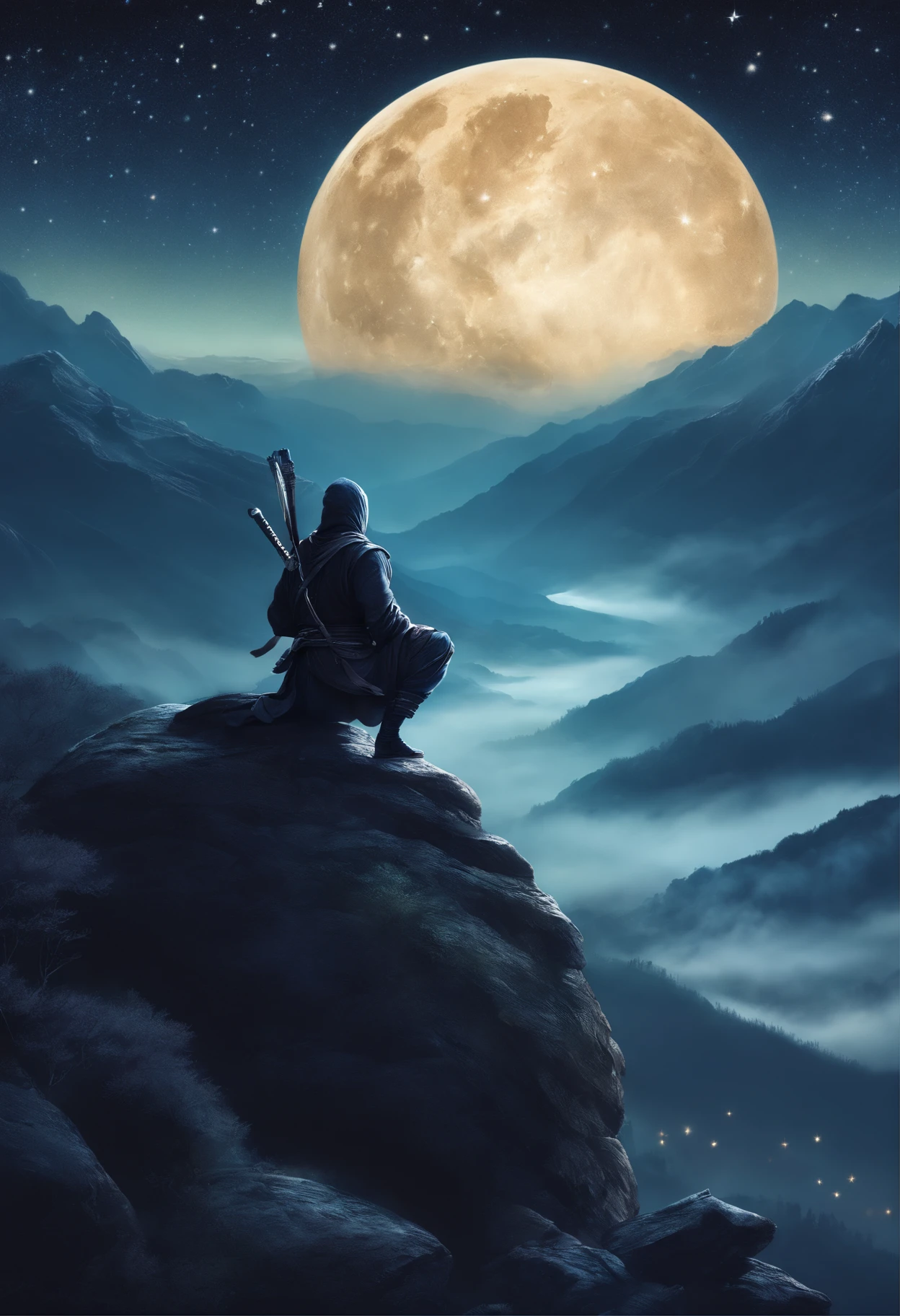 Drawing of a ninja watching from the top of a mountain, with a starry night sky and mist enveloping the scenery.