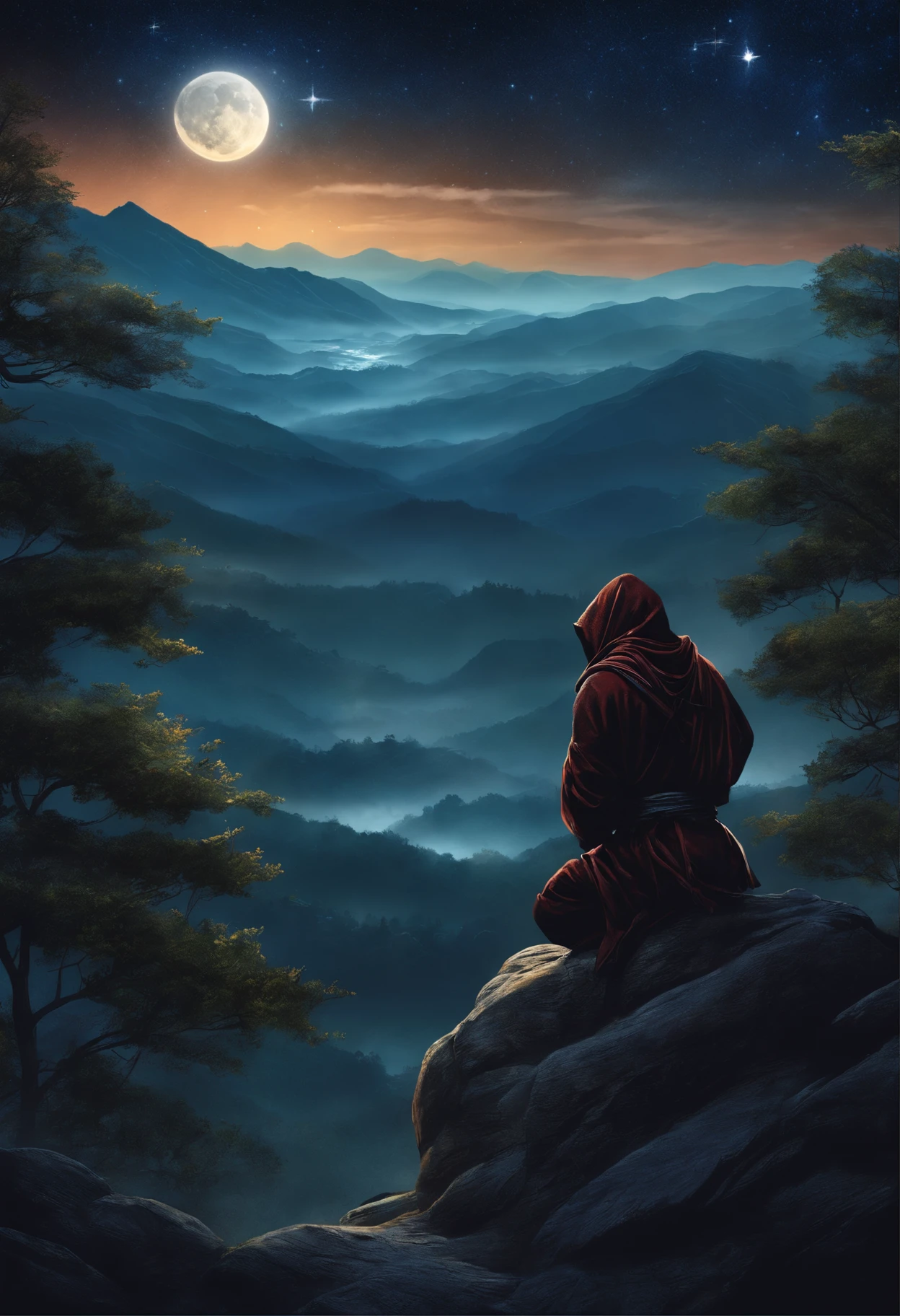 Drawing of a ninja watching from the top of a mountain, with a starry night sky and mist enveloping the scenery.