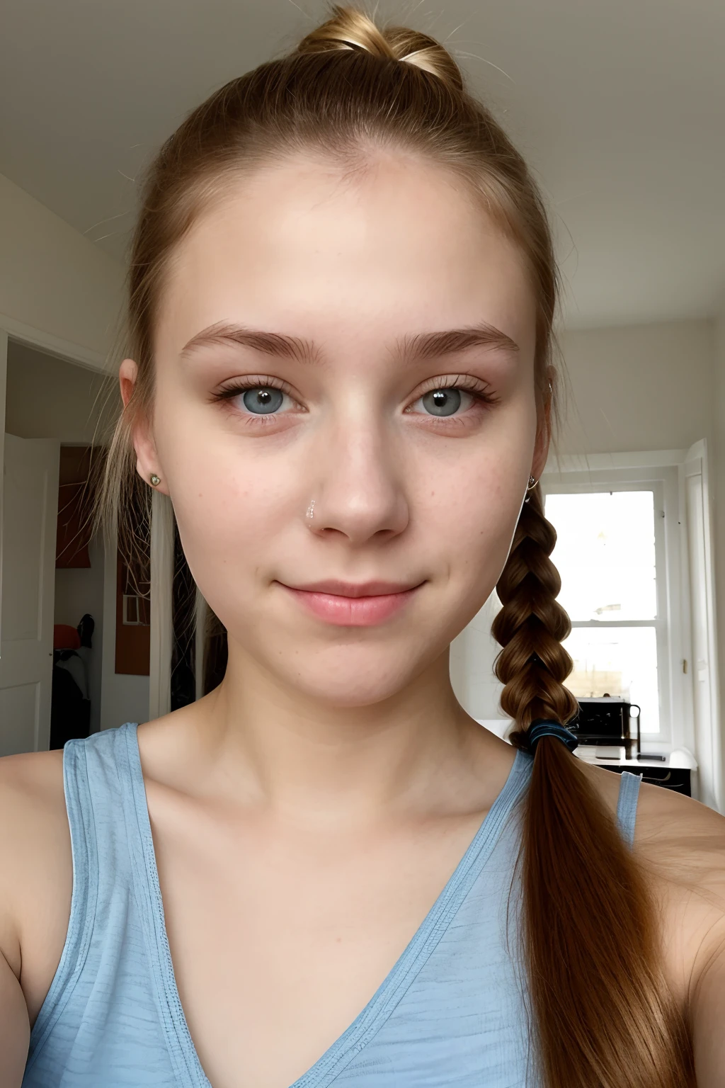 A young woman from Northern Europe, 18 years old, happy, cute face, albino skin, brown hair, ponytail haircut, eyeliner, thin nose, blue eyes, wearing a neckline, room in the background, amateur selfie, amateur selfie quality