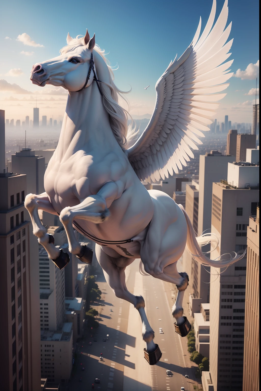 Realistic image of white pegasus horse flying over a city with syberpunk scenery