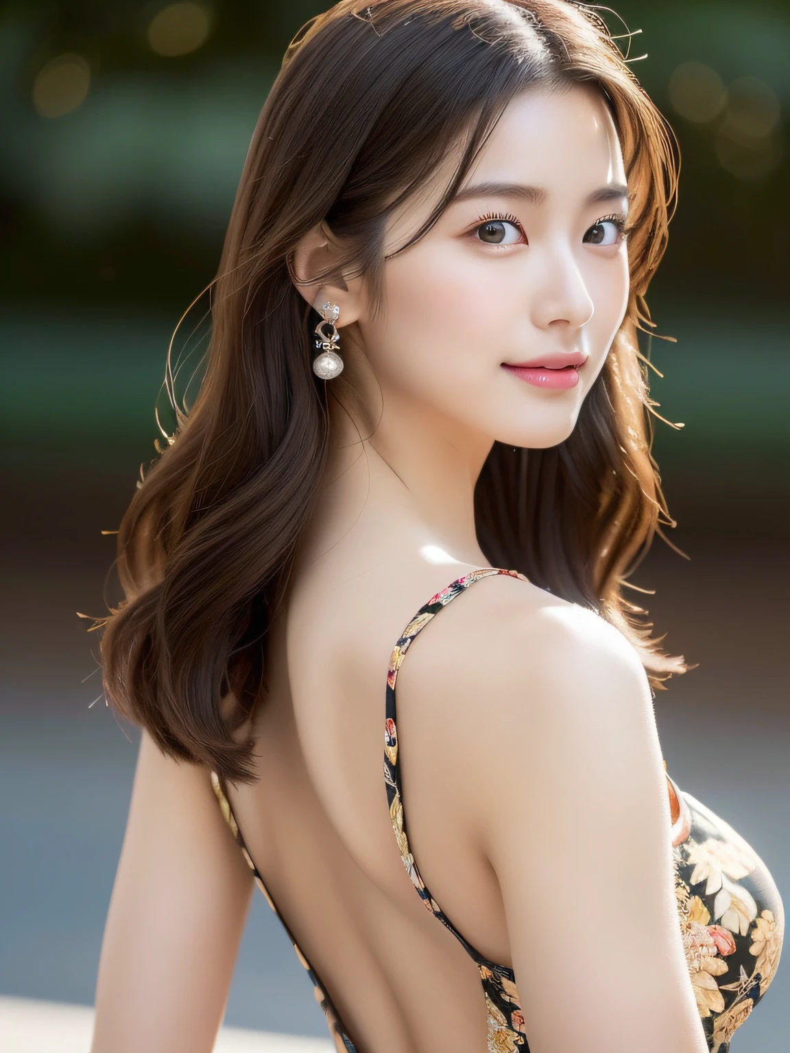(((８Very high resolution in K, high detailing, highly accurate, masutepiece))),Photography & realistic atmosphere,shinny skin,Beautiful skin,fine-grained white skin,Detailed face,Detailed eyes、Very beautiful eyes with azure eyes,Detailed lips、Very beautiful face,Very well-formed face、Lifelike face,shiny beautiful lips,Beautiful eyebrows,、,The best natural makeup for professional models,Japan idle,韓国アイドル,Very beautiful woman,Very beautiful girl,(Colossal tits,very shapely breasts、Very beautiful toned body from head to foot,thighs protruding from the dress,,,,Sitting with legs spread wide,Exclusive and elegant ornaments,a necklace,Bracelets, the ring, piercings,Black lingerie shows through）,Adornments designed to the smallest detail,(17-year-old high school student,Very beautiful dress with a wide open back,,Summer Fashion,Shot in the middle of the back,Very beautiful Japan schoolgirl,17 age,See-through colorful shoulder dress,Wearing beautiful sandals,Floral Short Shoulder Dress,Beautiful shortcuts in brown color,Eyes are moisturized,Gentle smile),watching at viewers,Beautiful gesture,Beautiful immature body, Innocence,((photorealisim,Turn the camera from top to bottom)),Reality Live Action,nailart,(Beautiful butt,beauty legs,,camel's foot,Backshots,Turned,The back is visible),超A high resolution、The face of a masterpiece with high detail,Natural and realistic face,and soft natural lighting,Back lighting（Energetic eyes that are too cute）