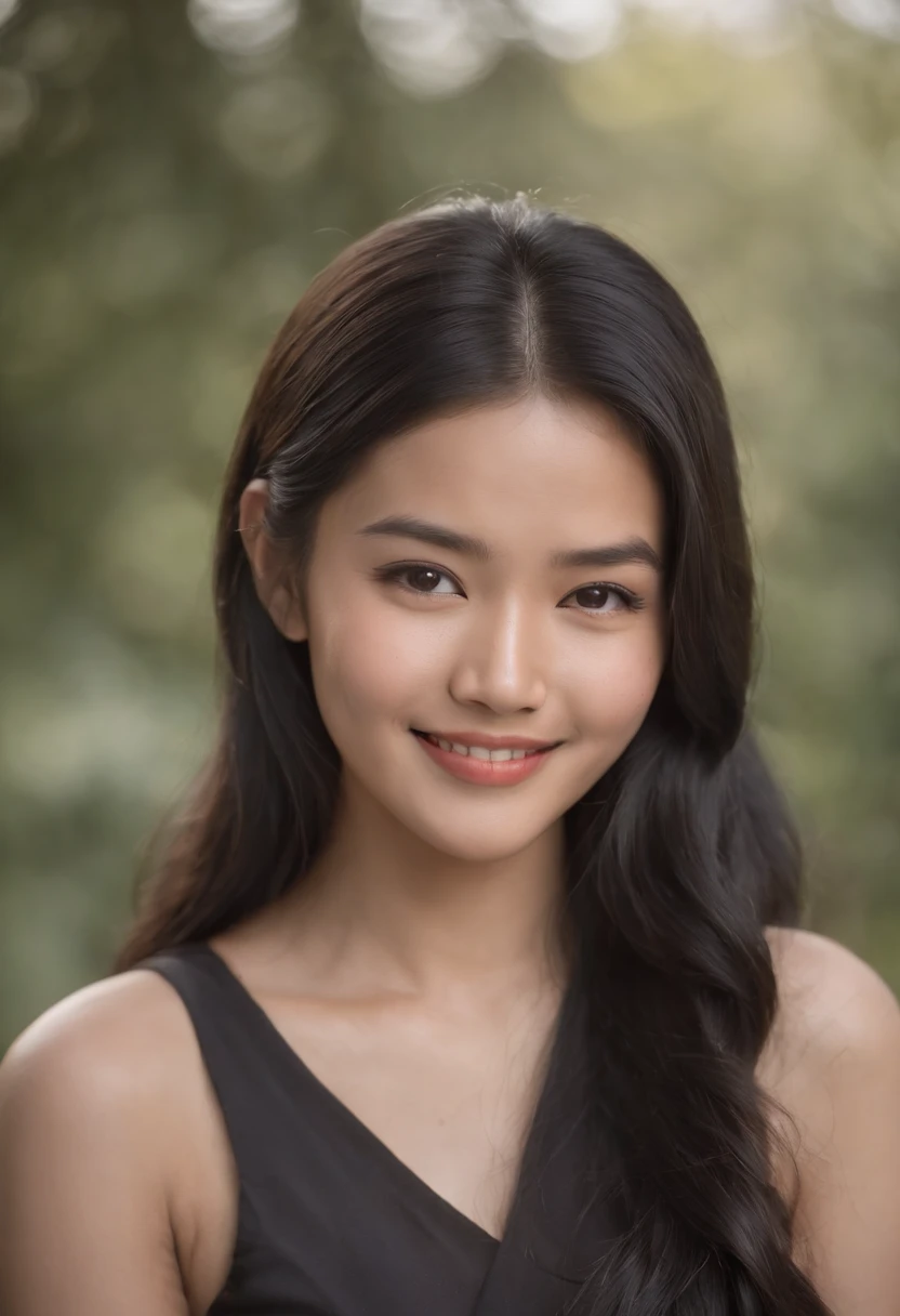 Photography of a cute bhutanese woman with long black hair, wearing a tight dress Top, capturing her charm and charisma. The image features soft, natural lighting and focuses on her genuine smile
