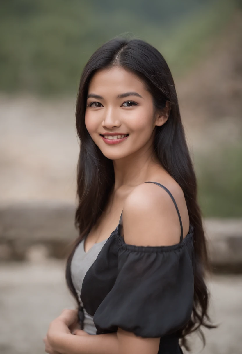 Photography of a cute bhutanese woman with long black hair, wearing a tight dress Top, capturing her charm and charisma. The image features soft, natural lighting and focuses on her genuine smile