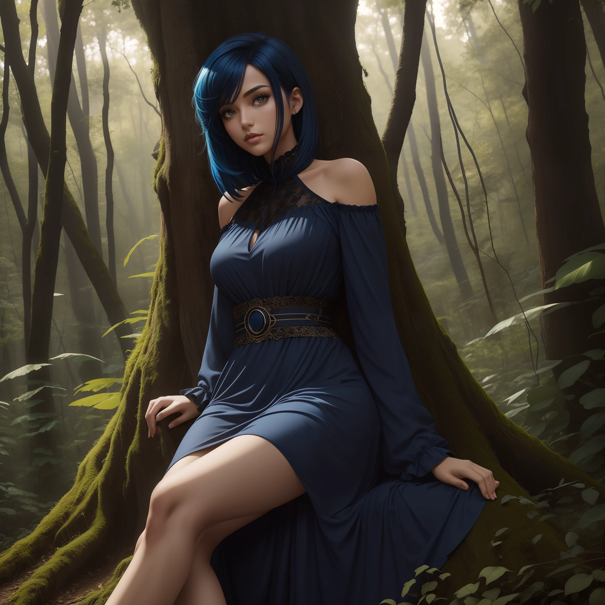 tall, black, bright blue hair, brown eyes, dark blue dress, sitting by a tree, forest background,