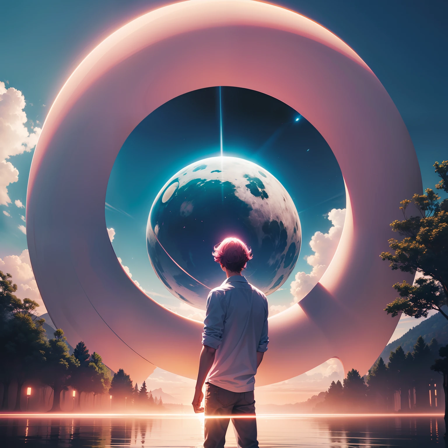 Man standing in front of a portal in the sky, semelhante a um olho gigante, em um lago raso ao sol da tarde, with plenty of lighting, pink gradient in sky