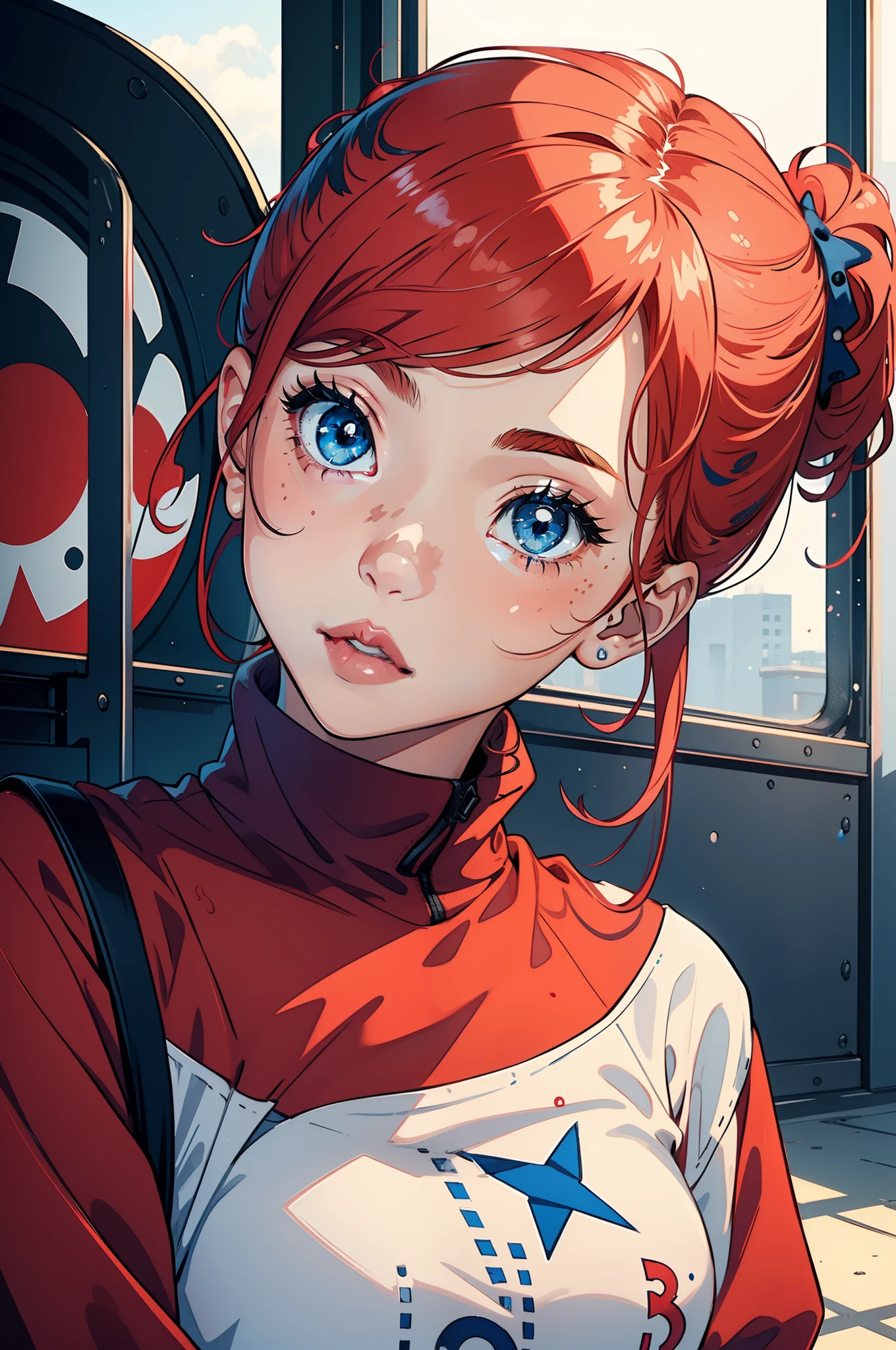 ((Best quality)), 1girl, light red medium hair, ponytail, blue eyes, ((vitiligo))