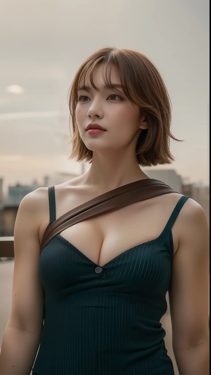 ((Best quality, 8k, Masterpiece :1.3)), Sharp focus :1.2, A pretty woman with perfect figure :1.4, Slender abs :1.2, ((Dark brown hair, Big breasts :1.2)), (White button up long shirt :1.1), City street:1.2, Highly detailed face and skin texture, Detailed eyes, Double eyelid