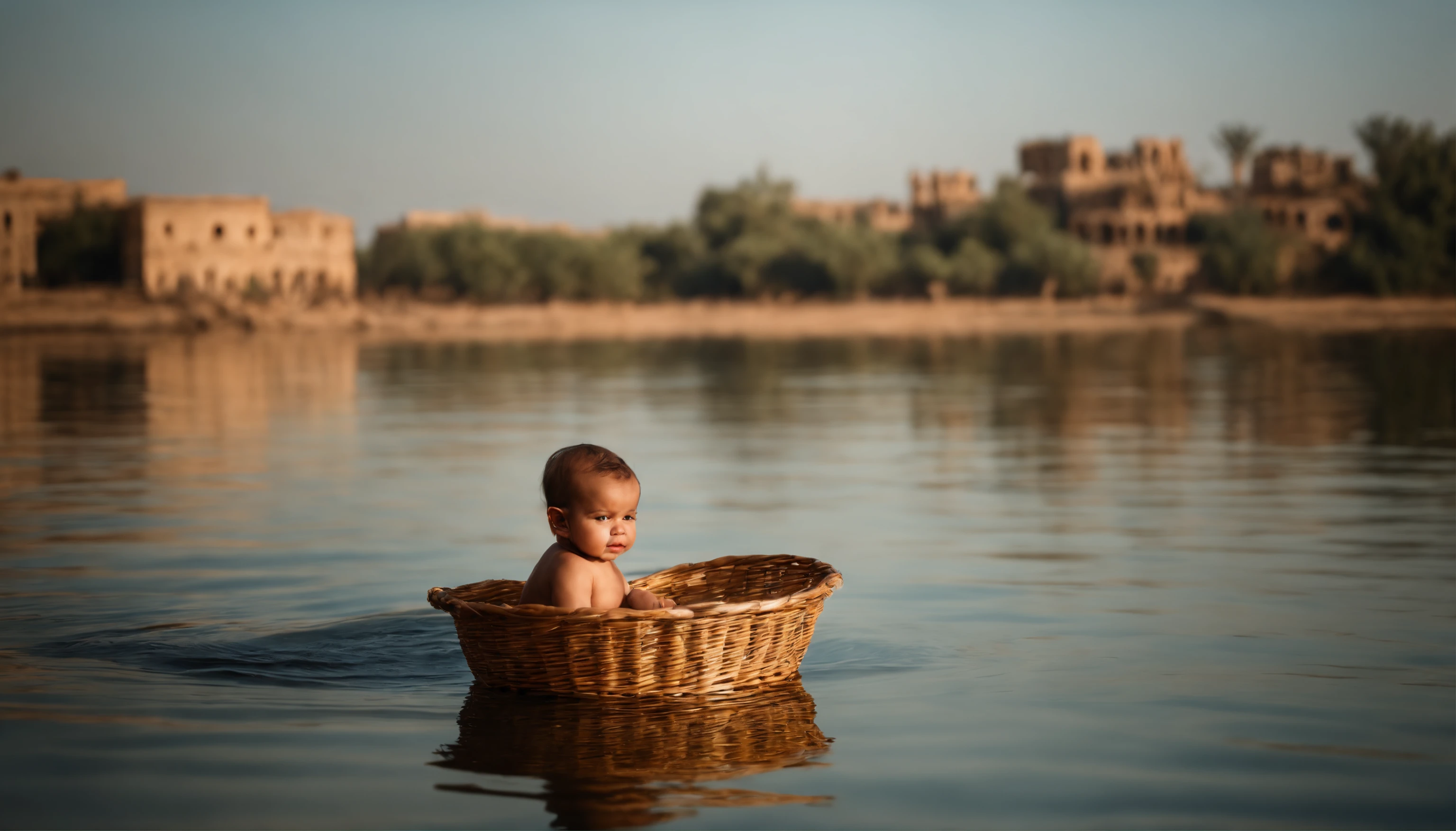 A baby in a wicker basket floating gently in the Nile River, under the scorching heat of the Egyptian sun, with the baby wrapped in thin, colorful fabrics, serene waters reflecting the clear blue sky, uma cena calma e serena, Fotografia, DSLR camera, lente 50mm, abertura f/2.8