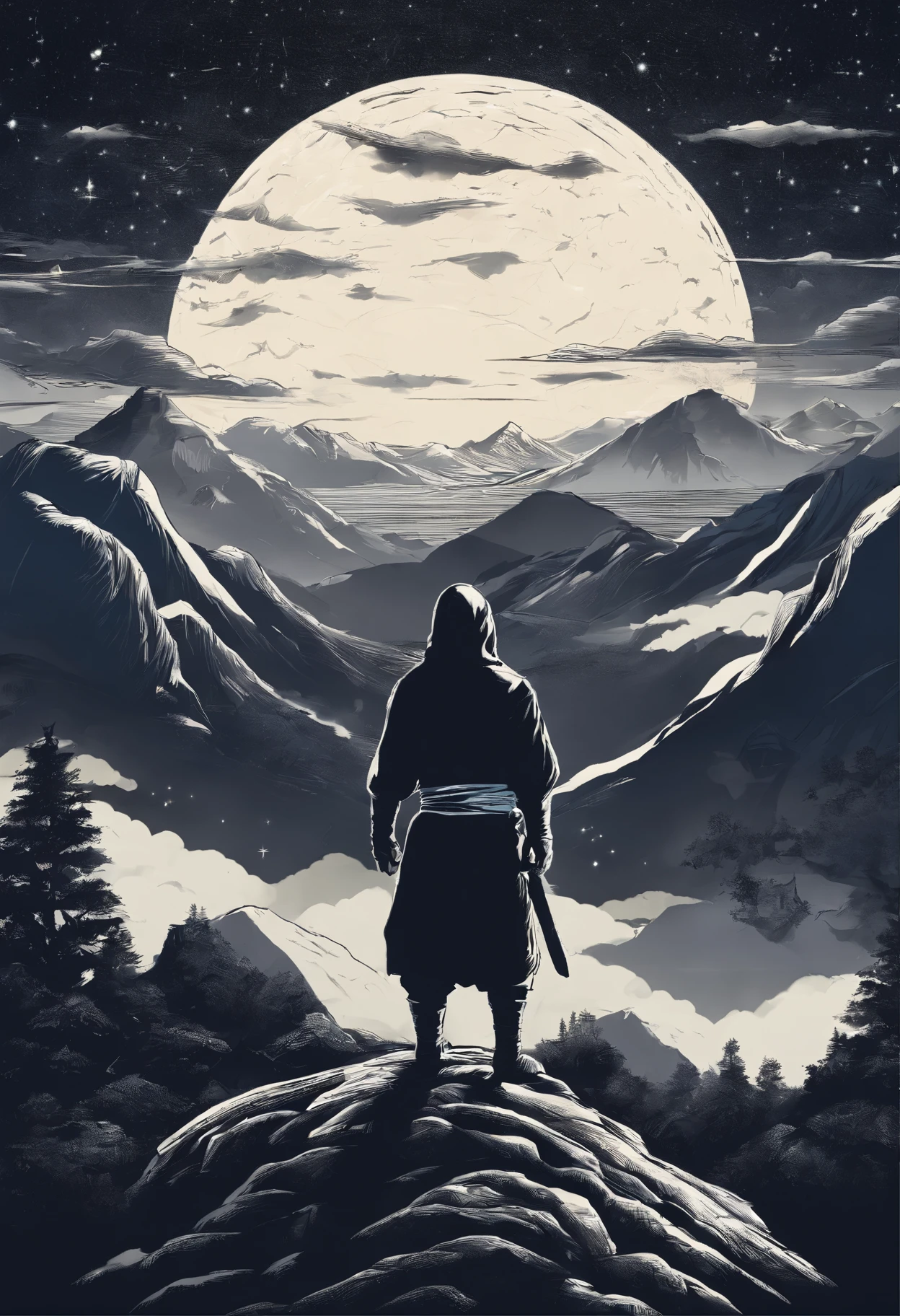 Drawing of a ninja watching from the top of a mountain, with a starry night sky and mist enveloping the scenery.