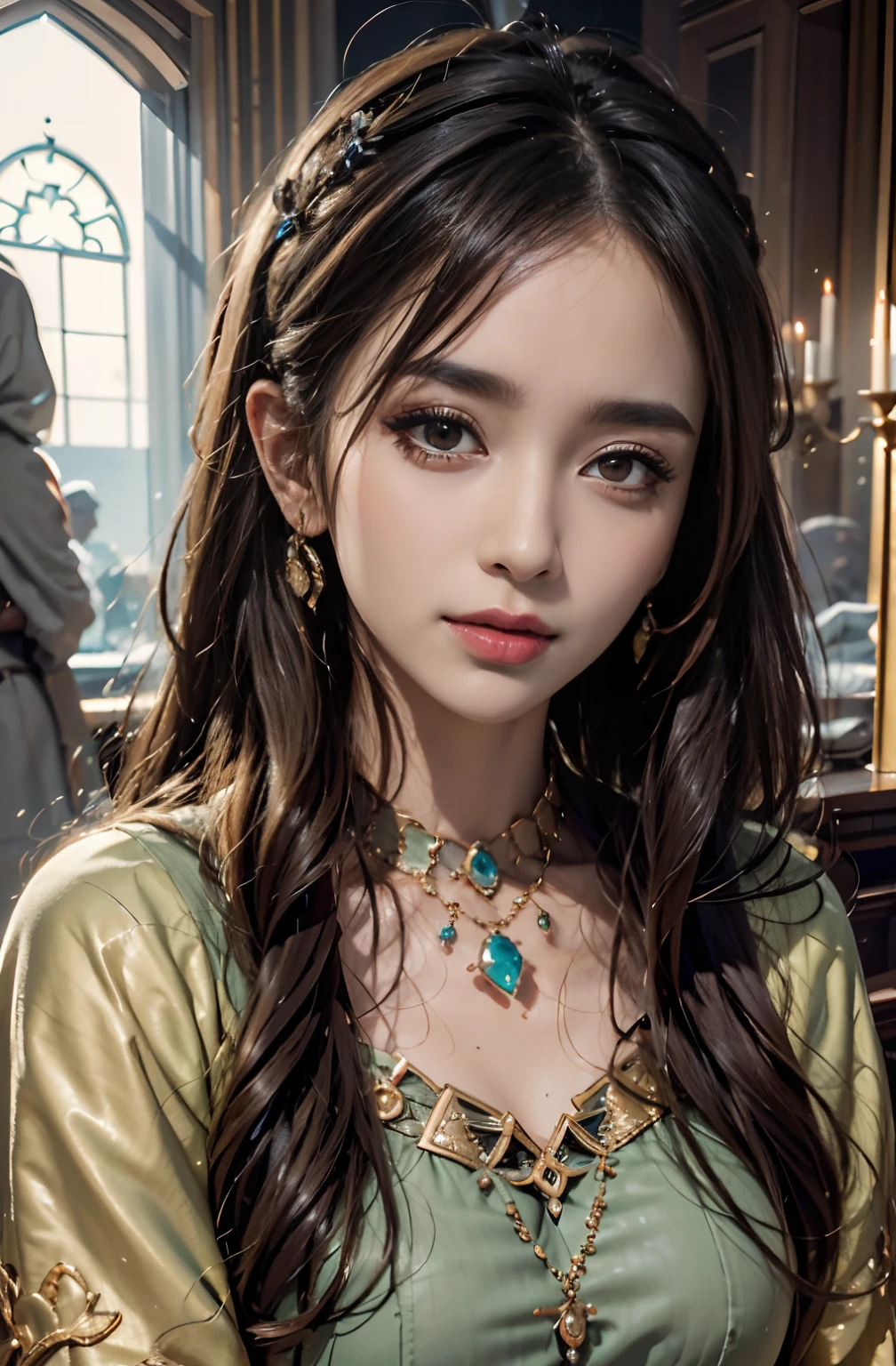 (A Masterpiece)、(maximum quality)、(Realistic)、Charming daughter、Portrait of a beautiful girl、1girl、Transparent eyes、beautifuldetailedeyes、Glitter eyes、Glowing eyes、flawless face、Beautiful nose、Beautiful mouth、Pretty lips、fine-grained skin、portrait shooting、Professional artwork、in 8K、photo-realistic、long dress、Elegant face、flawless anatomy、Perfect female body:1.4、Ultra-realistic painting:1.4、Ultra-precision painting:1.4、OTL:1.4、hq、RAW Photography、necklaces、earings、female goddess、Fantasy、